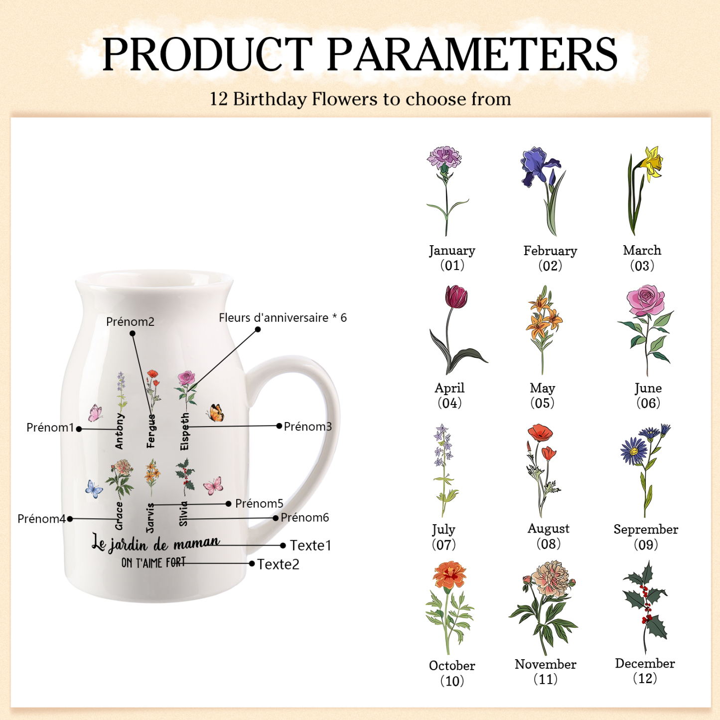 Personalised Round-Top Ceramic Vase with 2-6 Names, Birth Flowers & Butterfly Design – Unique Mother's Day Gifts for Her | Jessemade