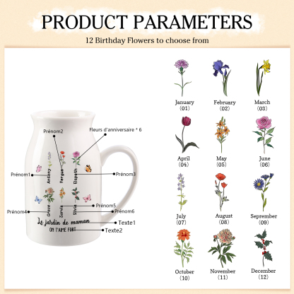 Personalised Round-Top Ceramic Vase with 2-6 Names, Birth Flowers & Butterfly Design – Unique Mother's Day Gifts for Her | Jessemade