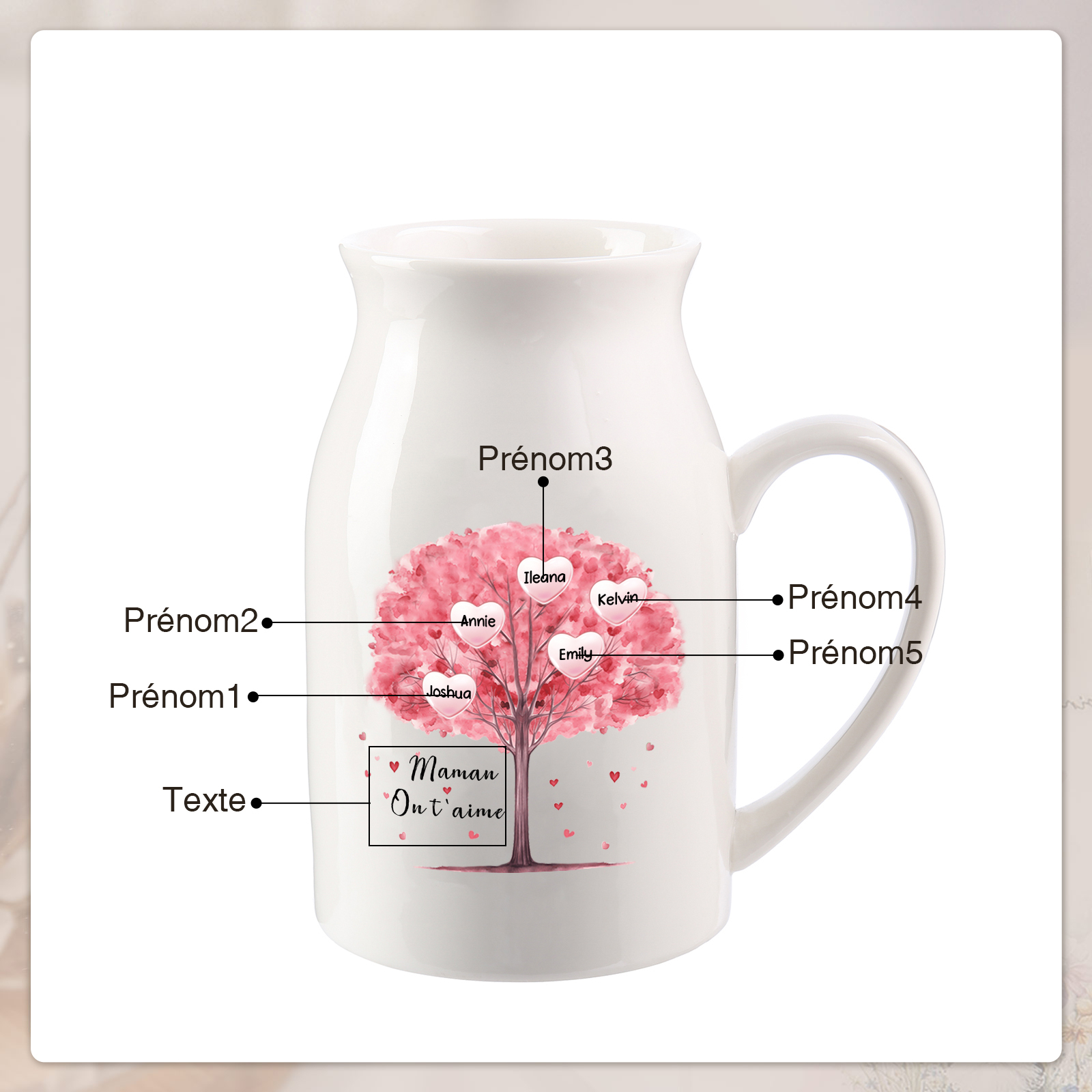 Personalised Ceramic Vase – Custom 2-8 Names & Text – Tree of Love Design – Unique Mother's Day Gifts for Her | Jessemade
