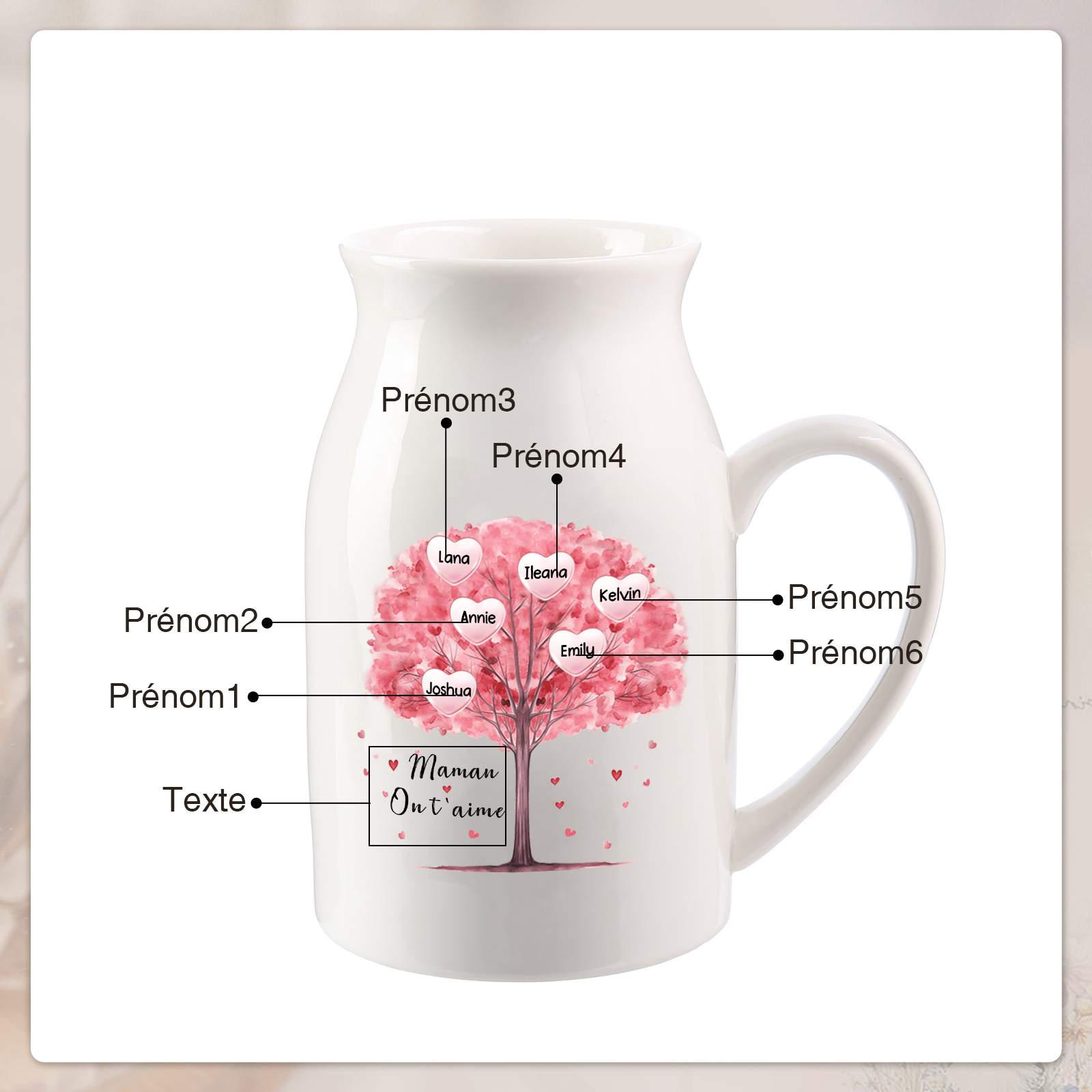 Personalised Ceramic Vase – Custom 2-8 Names & Text – Tree of Love Design – Unique Mother's Day Gifts for Her | Jessemade
