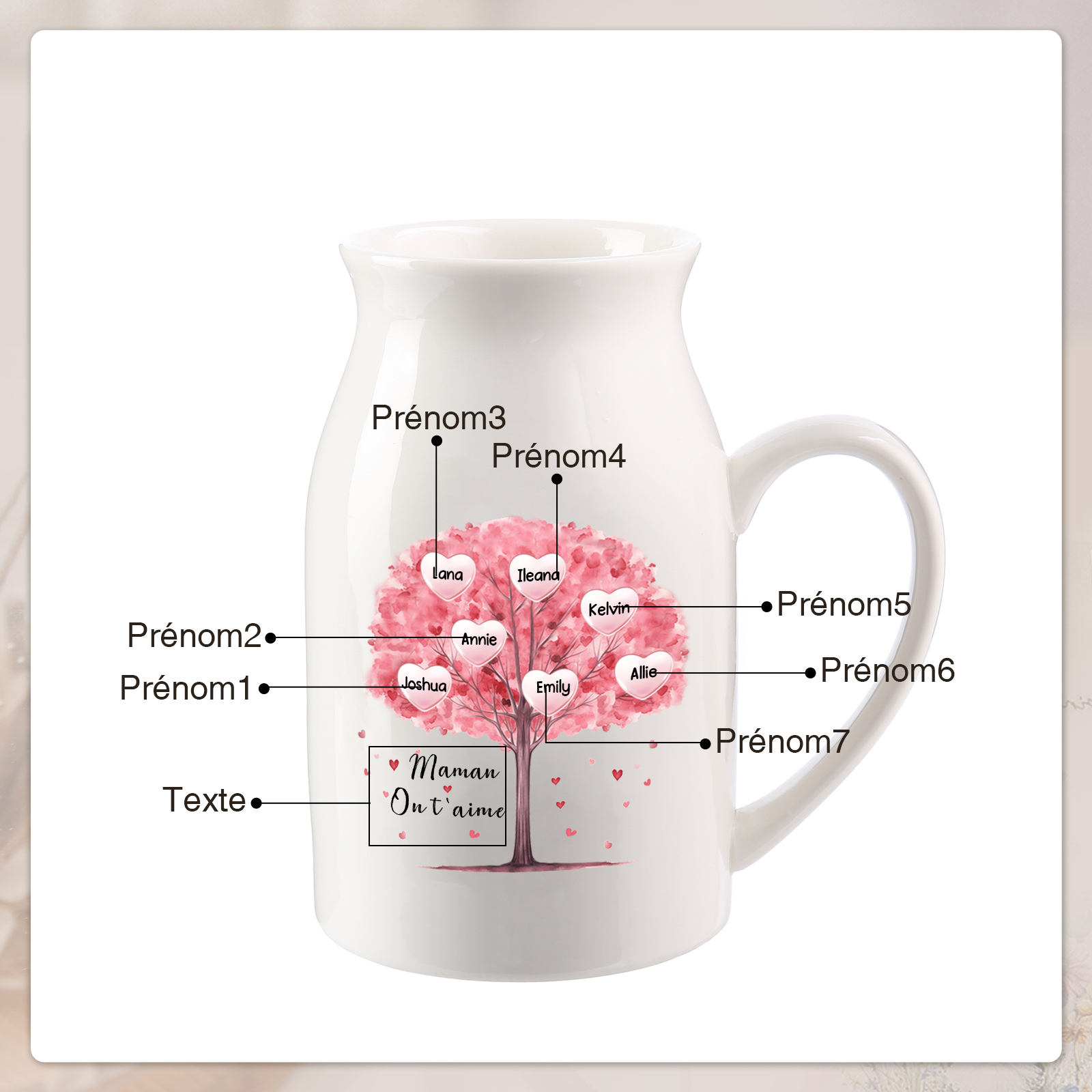 Personalised Ceramic Vase – Custom 2-8 Names & Text – Tree of Love Design – Unique Mother's Day Gifts for Her | Jessemade