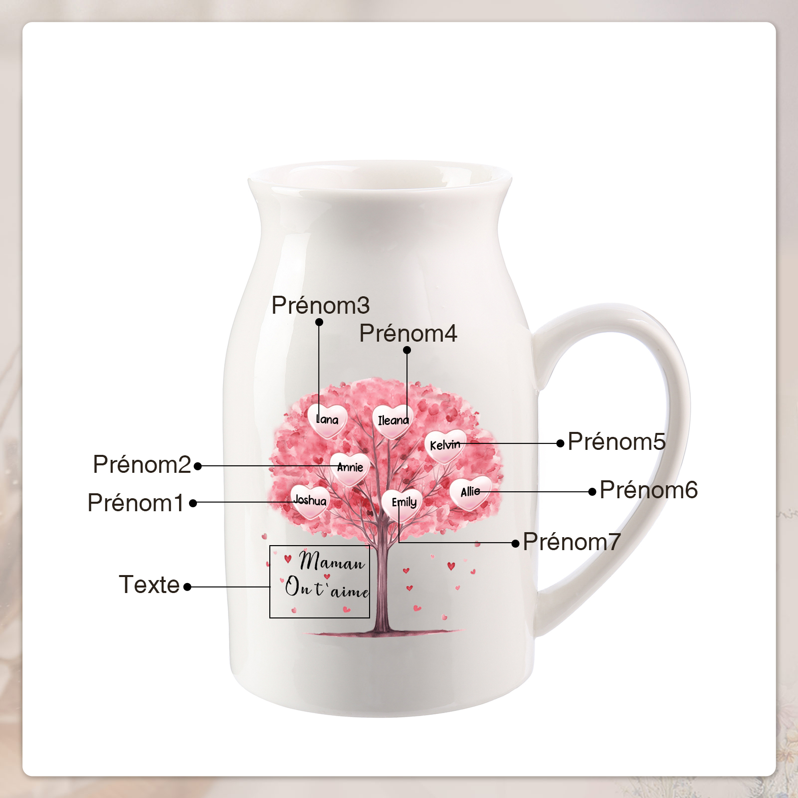 Personalised Ceramic Vase – Custom 2-8 Names & Text – Tree of Love Design – Unique Mother's Day Gifts for Her | Jessemade