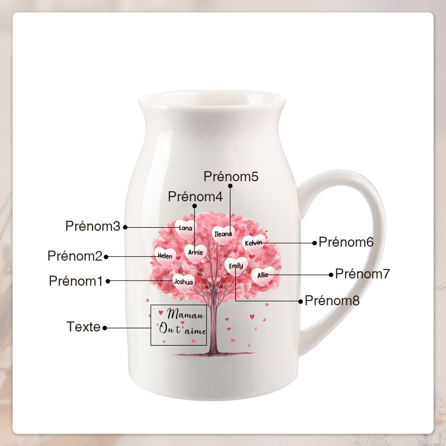 Personalised Ceramic Vase – Custom 2-8 Names & Text – Tree of Love Design – Unique Mother's Day Gifts for Her | Jessemade