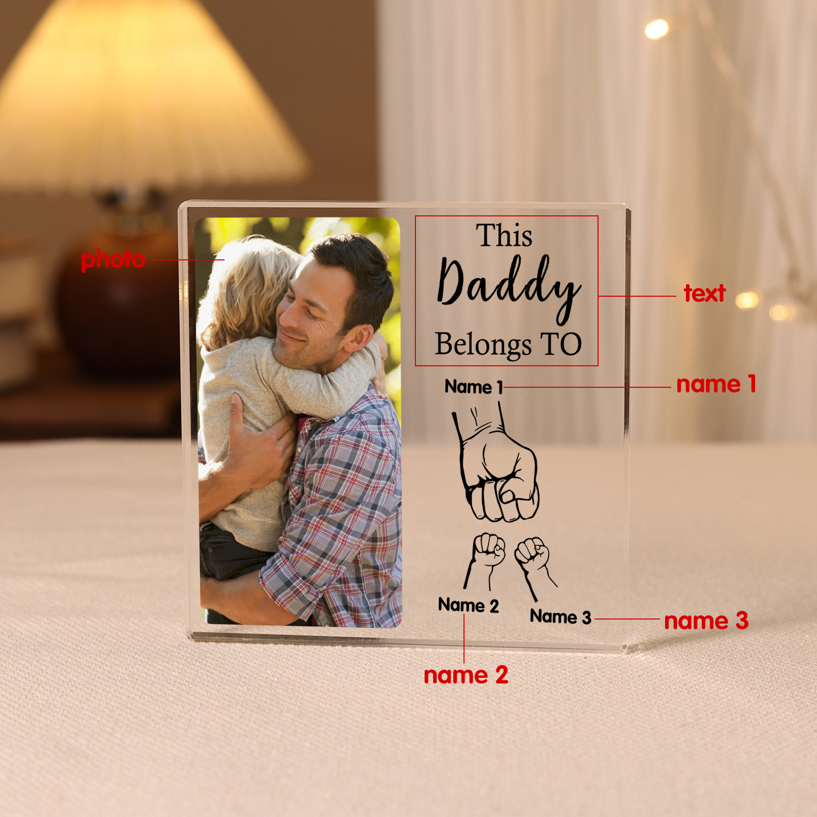 3 Names-Personalised Dad Photo Fist Acrylic Keepsake-Custom Text, Photo, and Names-Acrylic Plaque Home Decoration Gift for Dad/Grandad