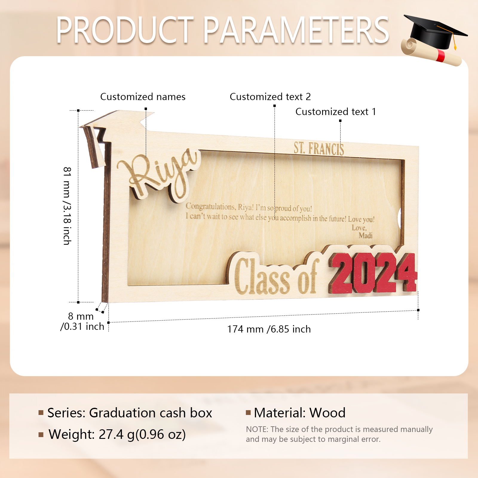 Graduation Gifts 2024 Personalised Wooden Wallet with Name and 2 Text Graduation Gift for Her/Him