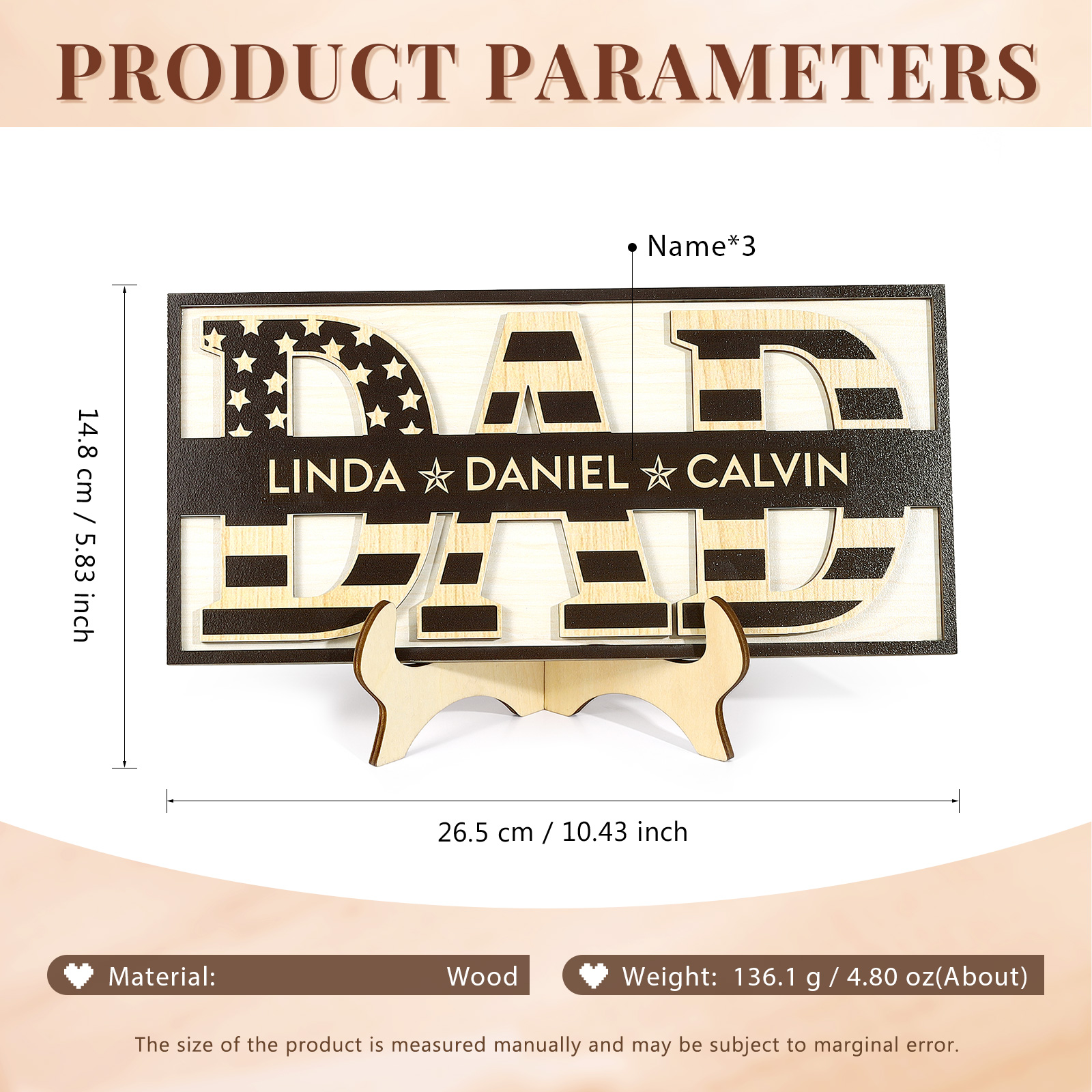 3 Names - Personalised Wood Ornament Engraved with Dad Text Support Customized Name Ornament Father's Day Gift for Dad