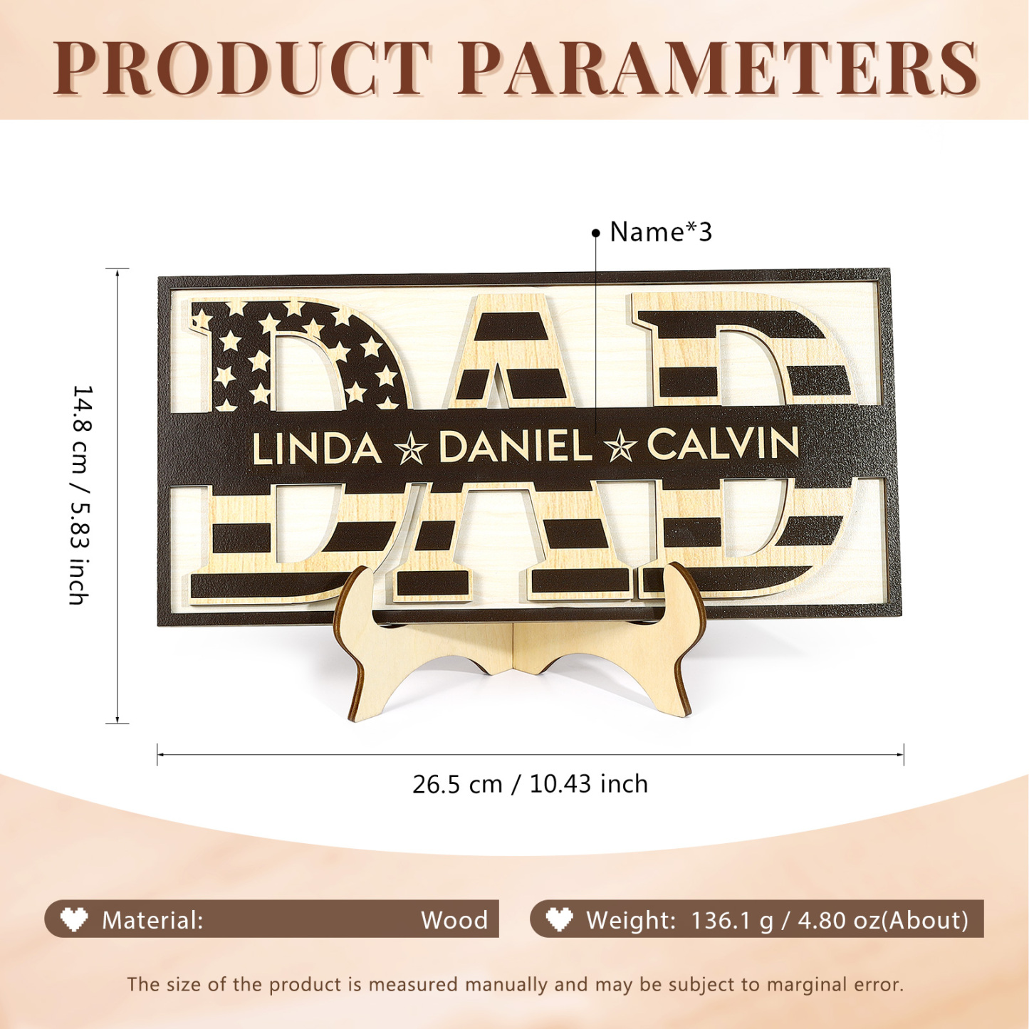 3 Names - Personalised Wood Ornament Engraved with Dad Text Support Customized Name Ornament Father's Day Gift for Dad