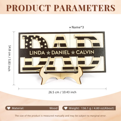 3 Names - Personalised Wood Ornament Engraved with Dad Text Support Customized Name Ornament Father's Day Gift for Dad