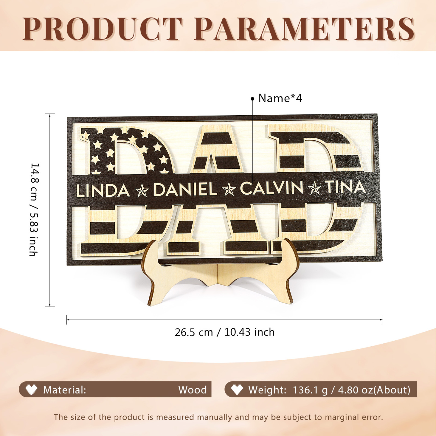 4 Names - Personalised Wood Ornament Engraved with Dad Text Support Customized Name Ornament Father's Day Gift for Dad