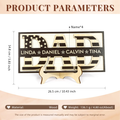 4 Names - Personalised Wood Ornament Engraved with Dad Text Support Customized Name Ornament Father's Day Gift for Dad