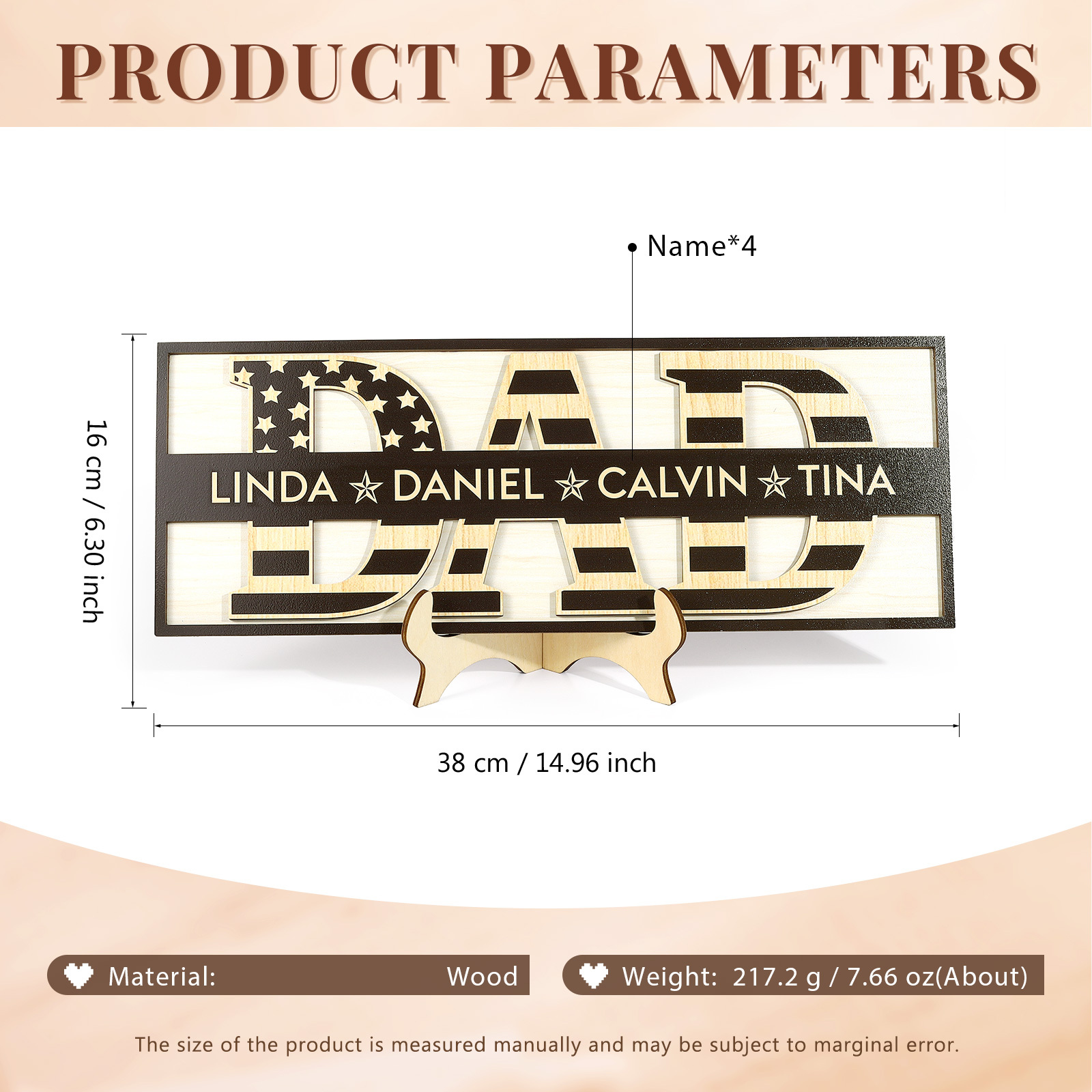 4 Names - Personalised Wood Ornament Engraved with Dad Text Support Customized Name Ornament Father's Day Gift for Dad