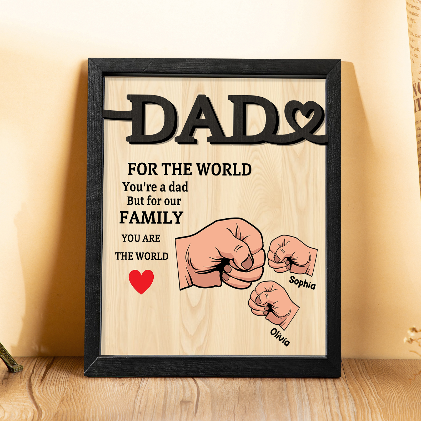 2 Names - Personalised Fist Bump Style Home Frame Wooden Decor Father's Day Gift for Dad