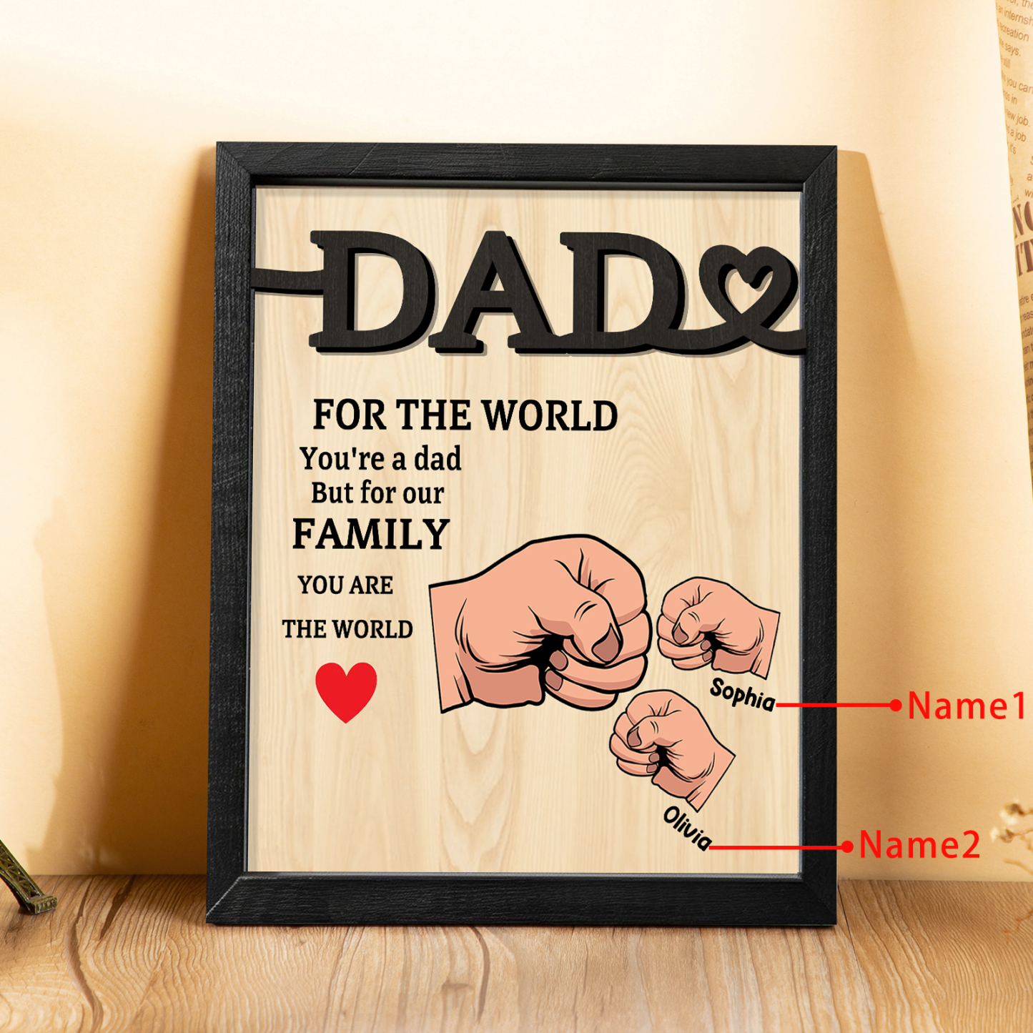 2 Names - Personalised Fist Bump Style Home Frame Wooden Decor Father's Day Gift for Dad