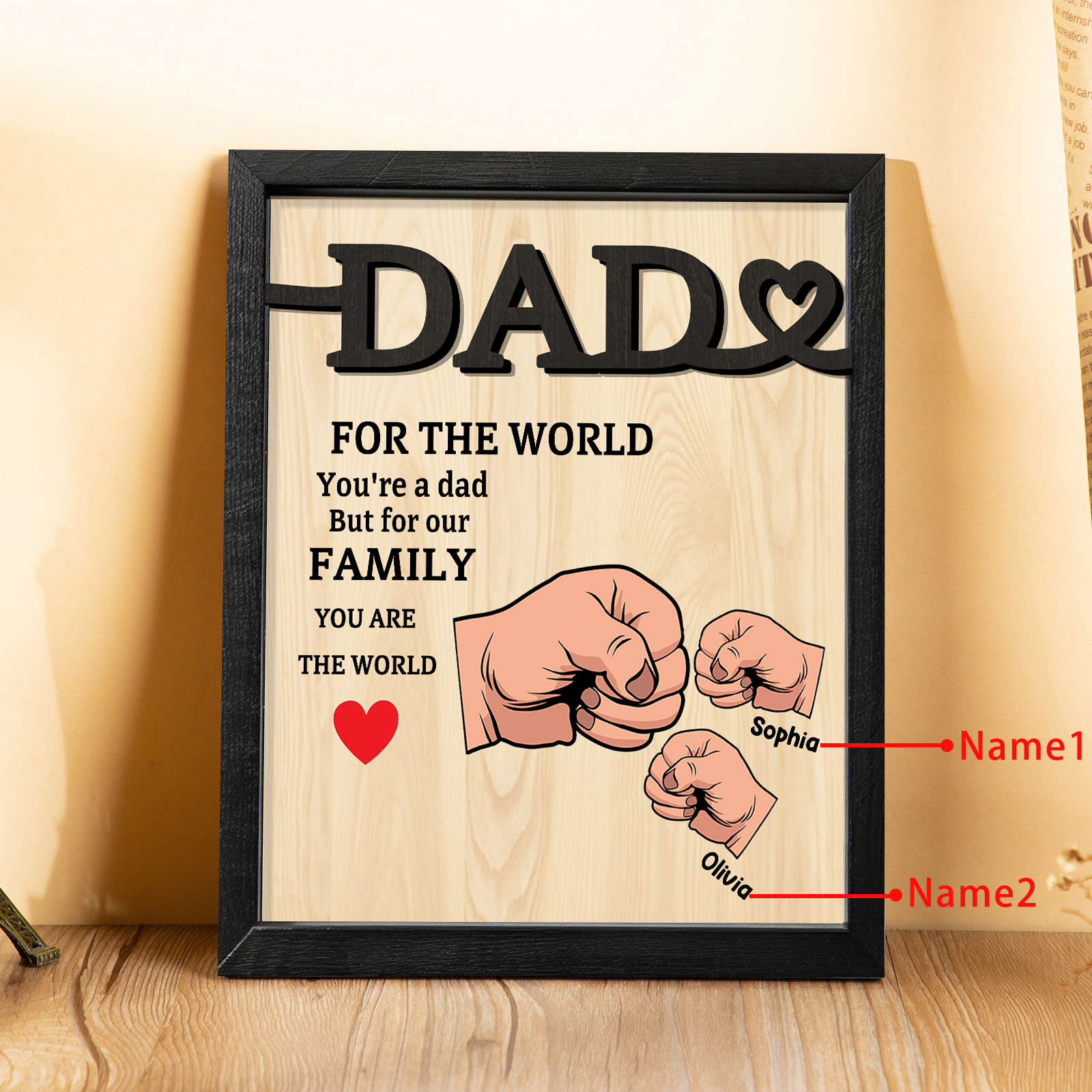 2 Names - Personalised Fist Bump Style Home Frame Wooden Decor Father's Day Gift for Dad