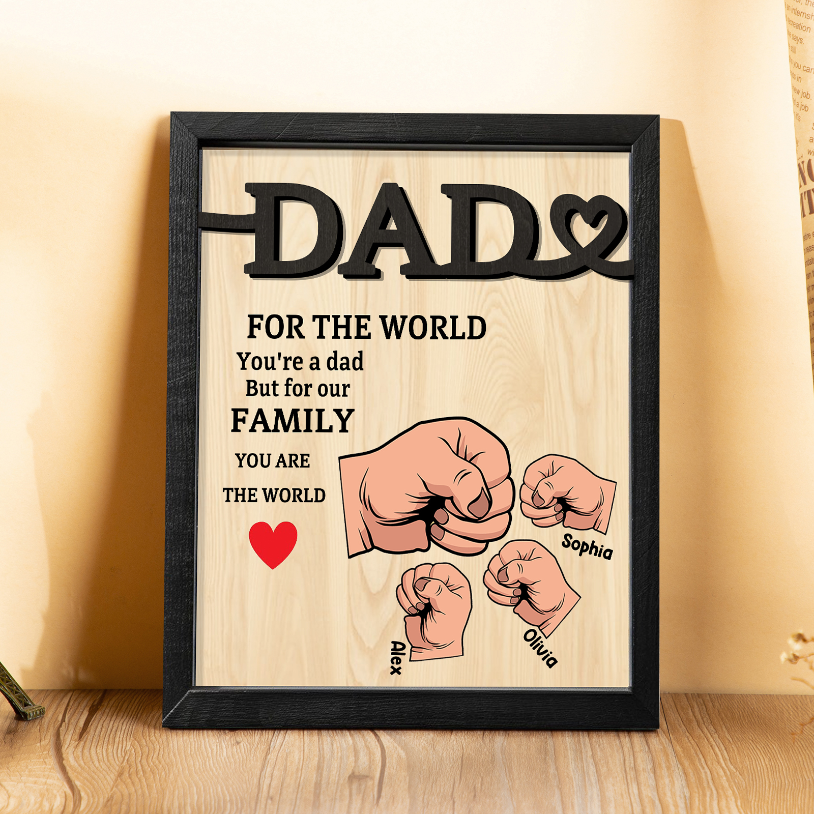 3 Names - Personalised Fist Bump Style Home Frame Wooden Decor Father's Day Gift for Dad