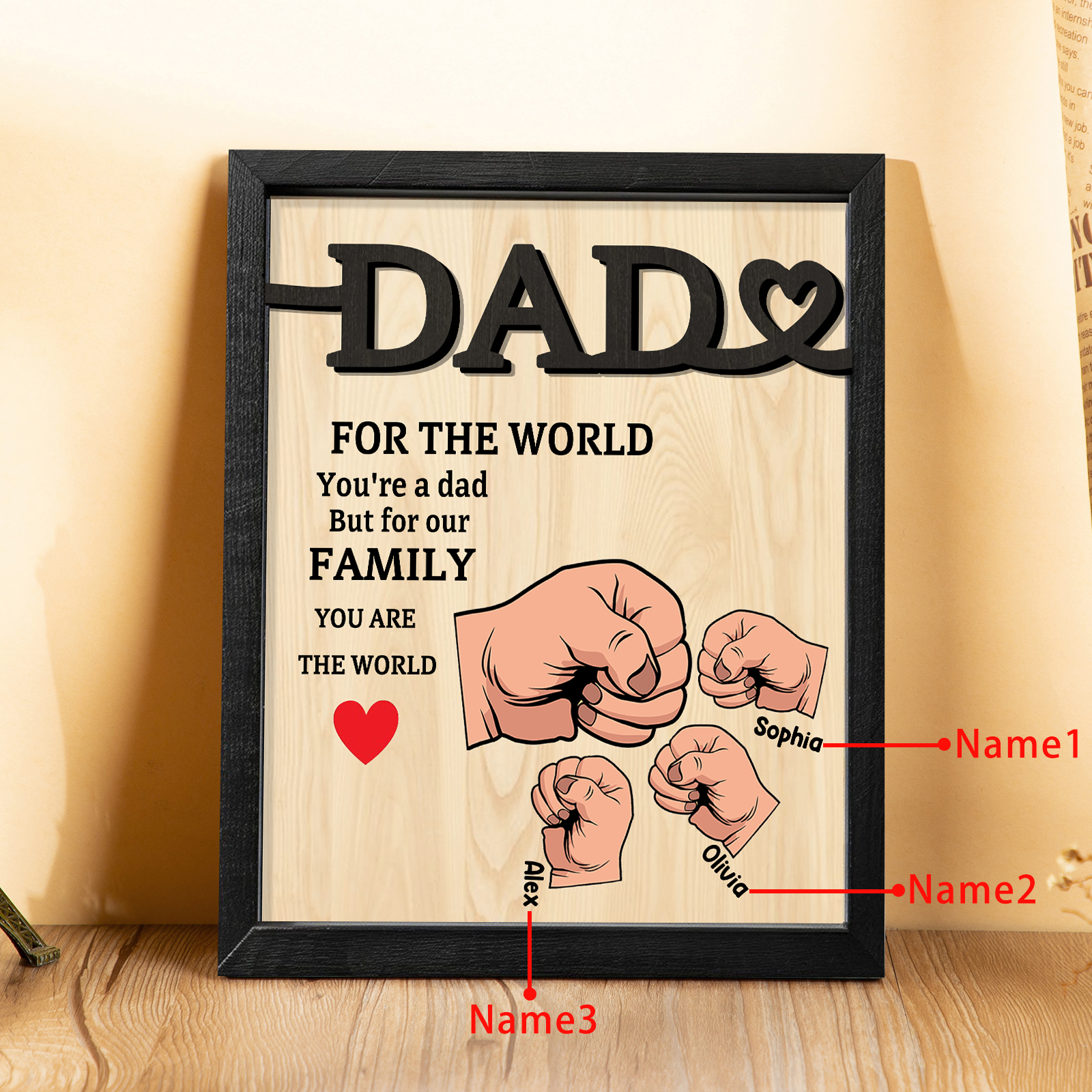 3 Names - Personalised Fist Bump Style Home Frame Wooden Decor Father's Day Gift for Dad