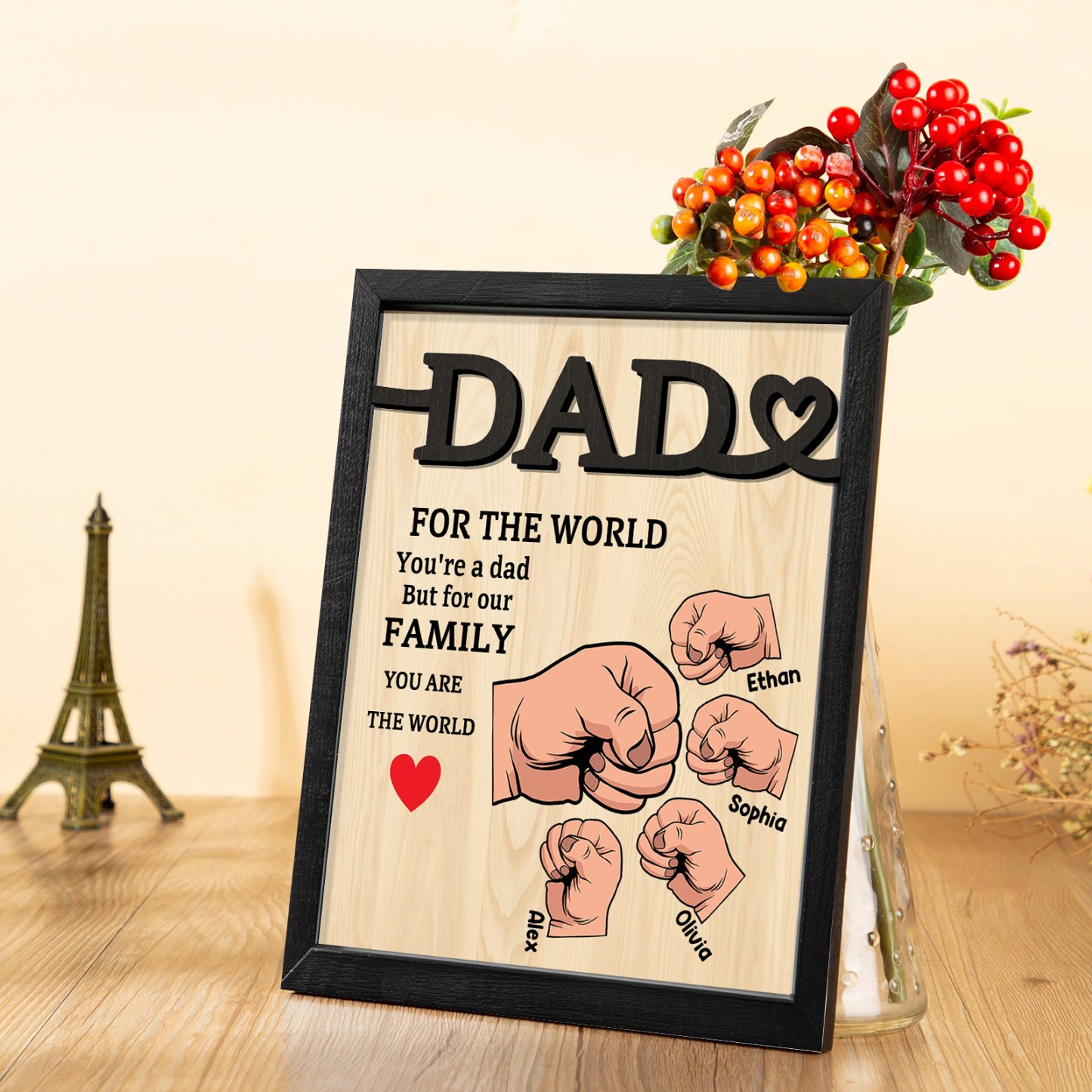 4 Names - Personalised Fist Bump Style Home Frame Wooden Decor Father's Day Gift for Dad