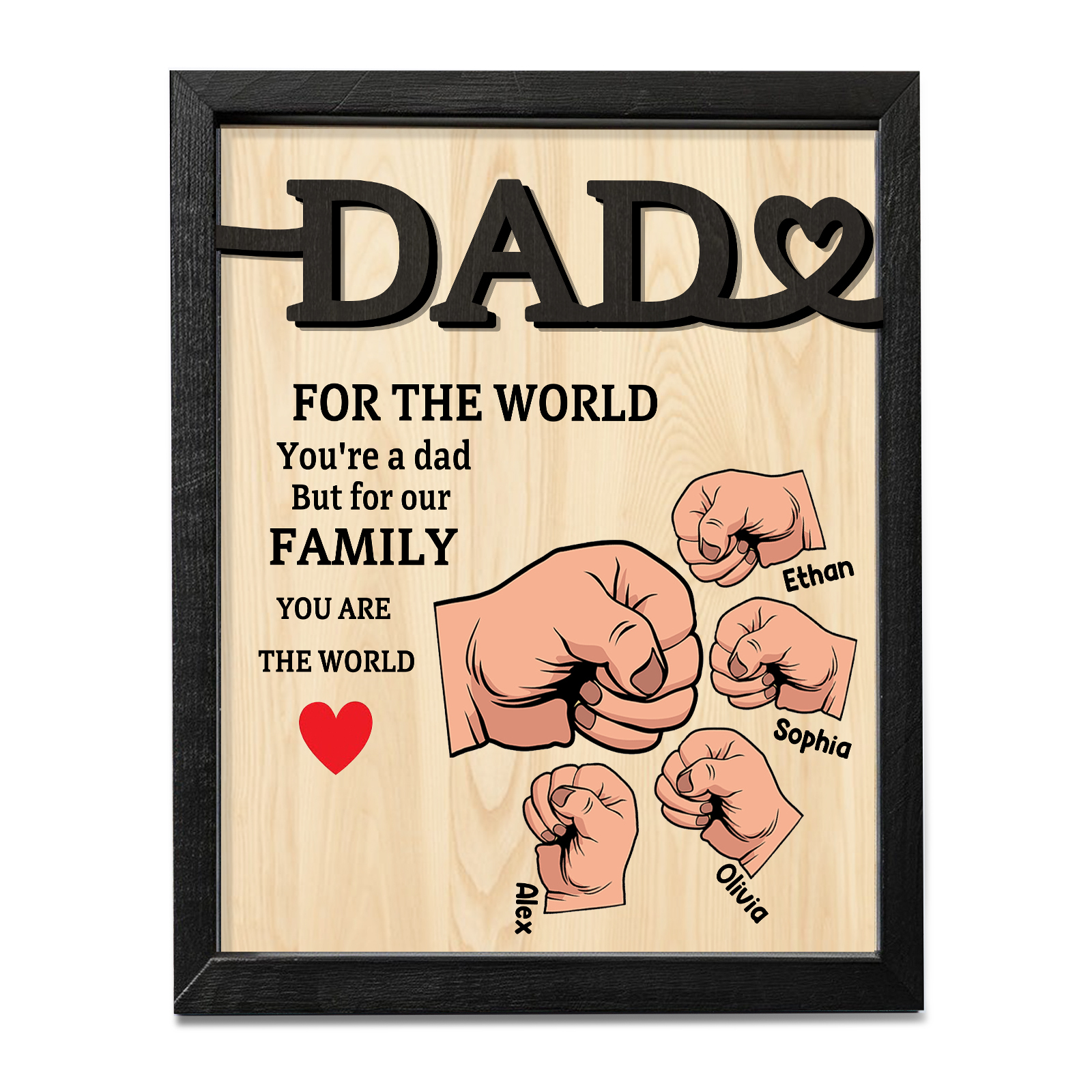 4 Names - Personalised Fist Bump Style Home Frame Wooden Decor Father's Day Gift for Dad