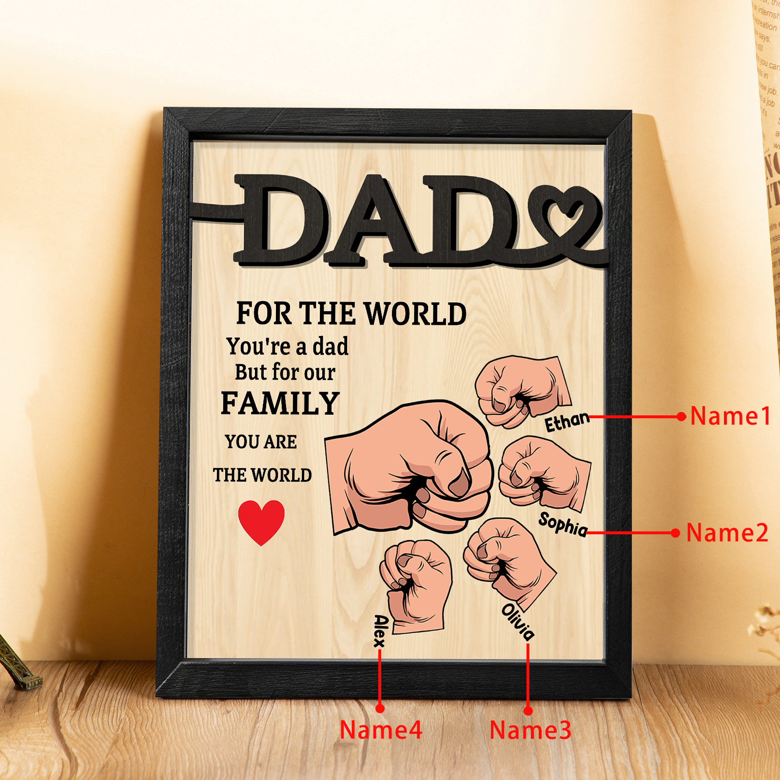 4 Names - Personalised Fist Bump Style Home Frame Wooden Decor Father's Day Gift for Dad