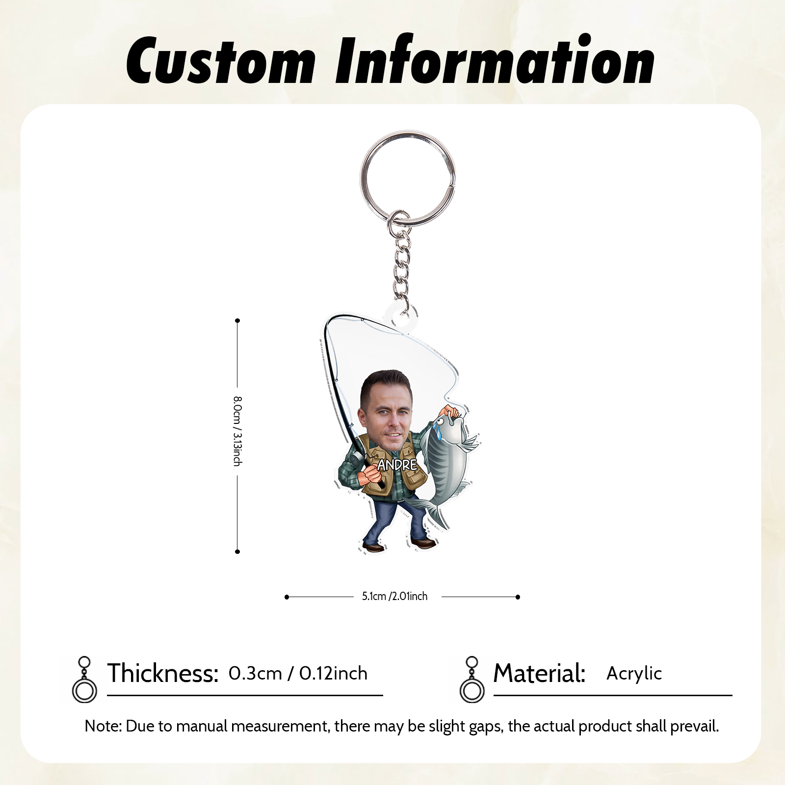 Personalised Photo And Name Acrylic Fishing/Golf Keyring, Gift For Dad/Grandpa