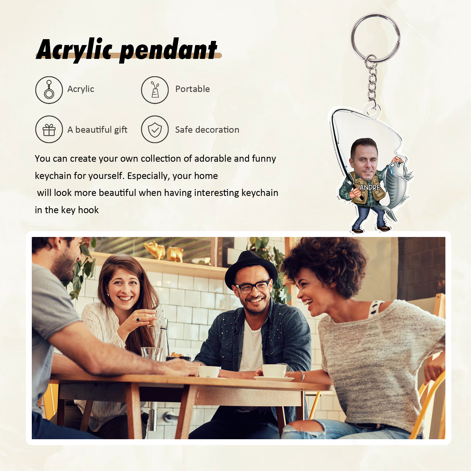 Personalised Photo And Name Acrylic Fishing/Golf Keyring, Gift For Dad/Grandpa