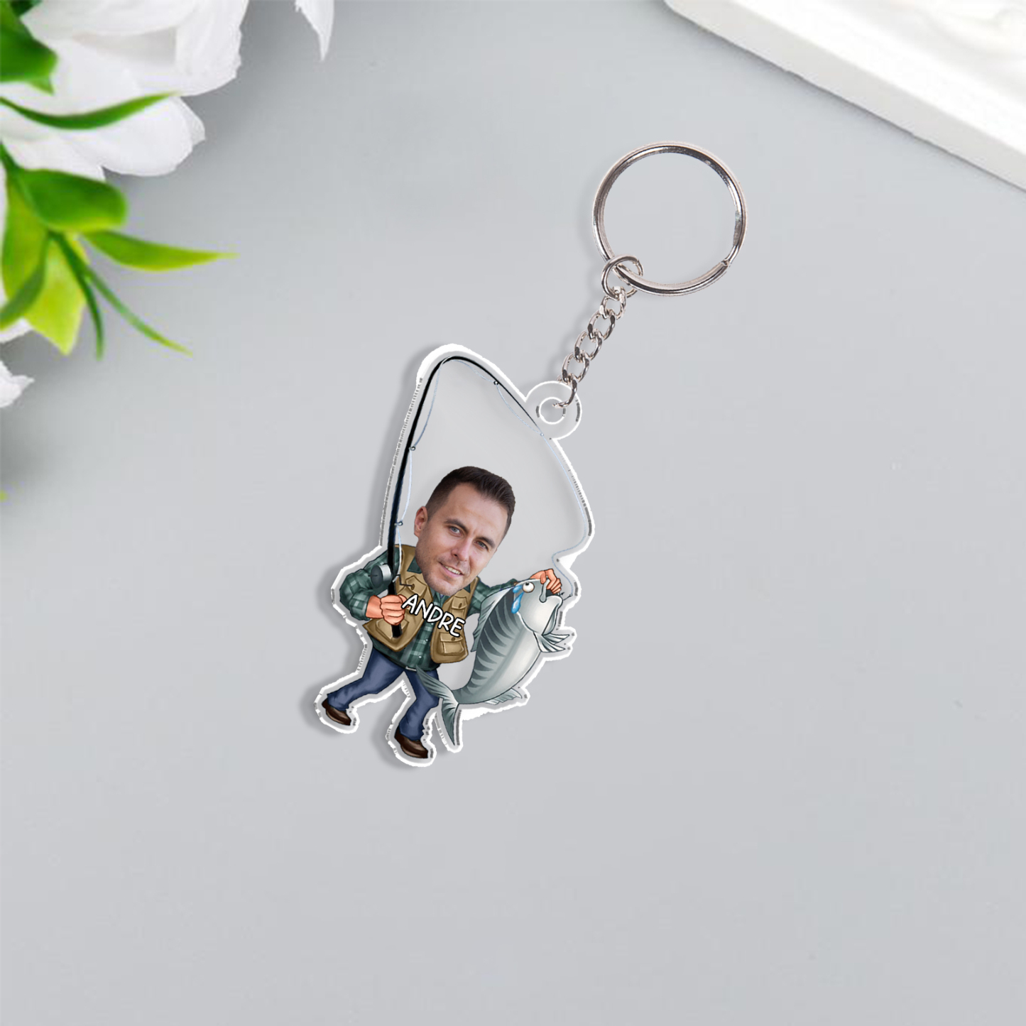 Personalised Photo And Name Acrylic Fishing/Golf Keyring, Gift For Dad/Grandpa