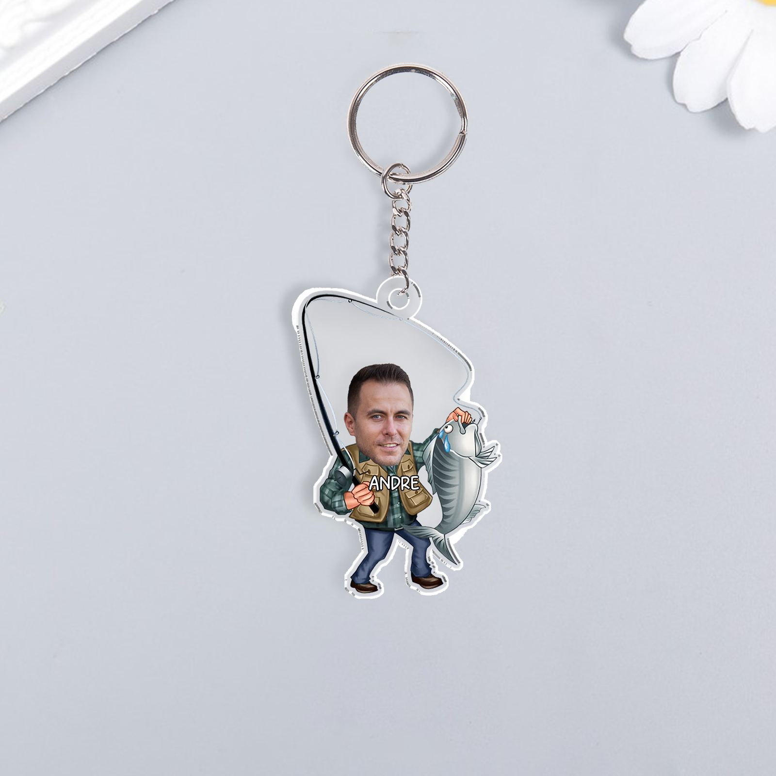 Personalised Photo And Name Acrylic Fishing/Golf Keyring, Gift For Dad/Grandpa