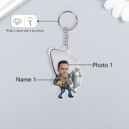 Personalised Photo And Name Acrylic Fishing/Golf Keyring, Gift For Dad/Grandpa
