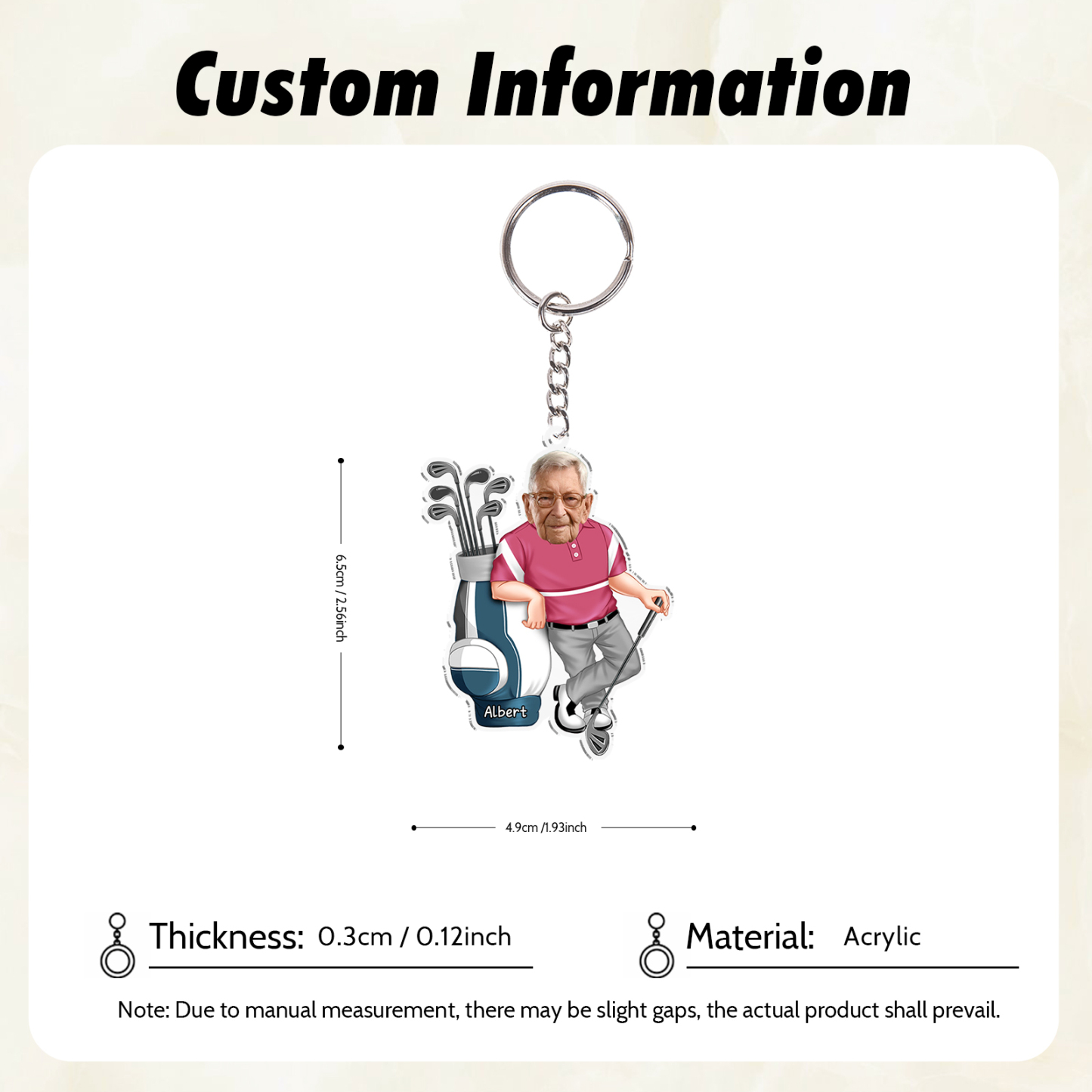 Personalised Photo And Name Acrylic Fishing/Golf Keyring, Gift For Dad/Grandpa