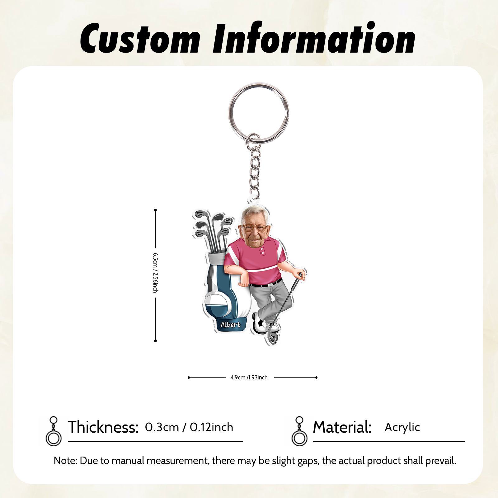 Personalised Photo And Name Acrylic Fishing/Golf Keyring, Gift For Dad/Grandpa