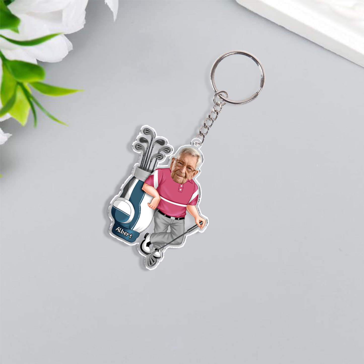 Personalised Photo And Name Acrylic Fishing/Golf Keyring, Gift For Dad/Grandpa