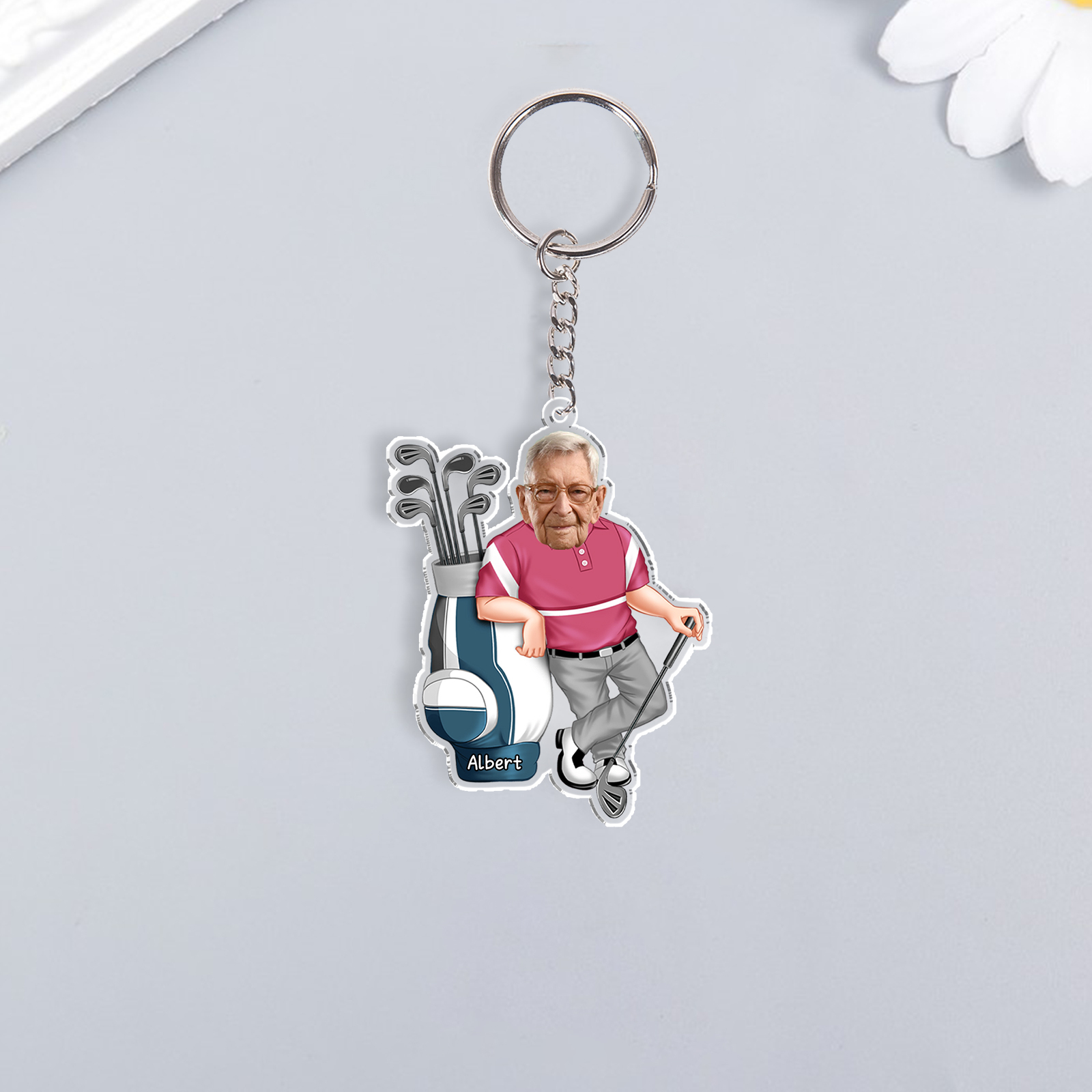 Personalised Photo And Name Acrylic Fishing/Golf Keyring, Gift For Dad/Grandpa