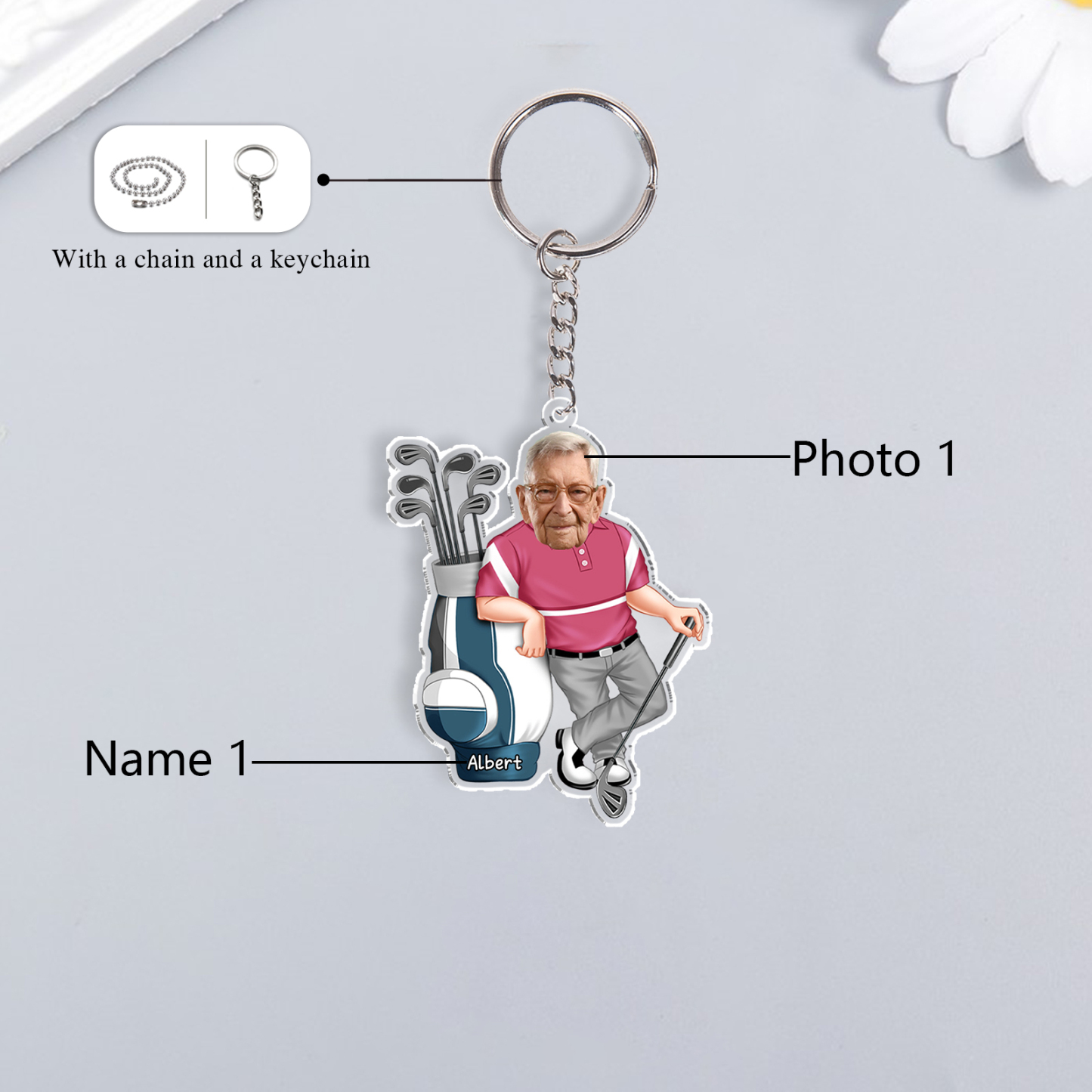 Personalised Photo And Name Acrylic Fishing/Golf Keyring, Gift For Dad/Grandpa