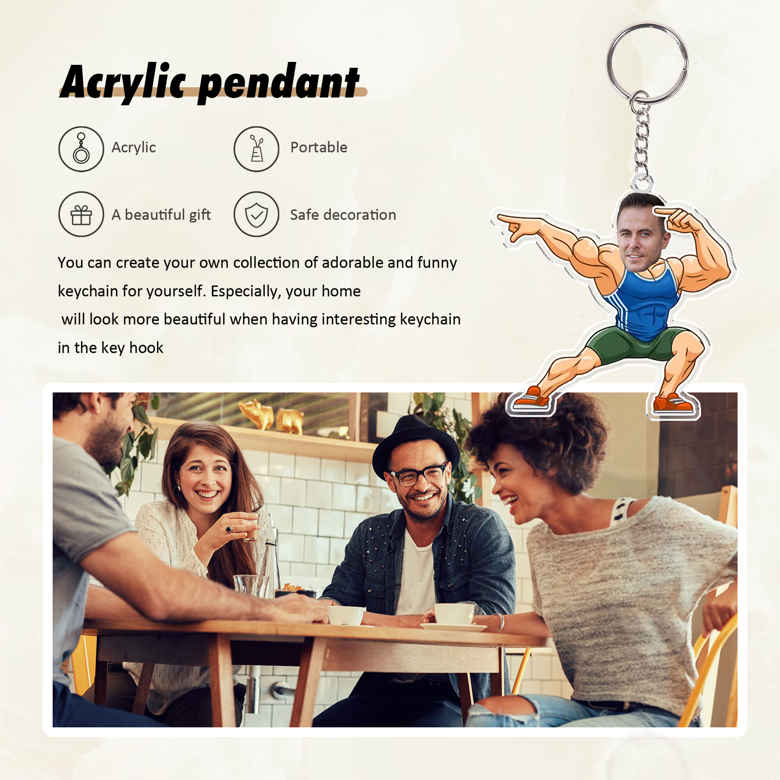 Personalised Photo Acrylic Fitness Boy Shape Keyring, Gift For Him