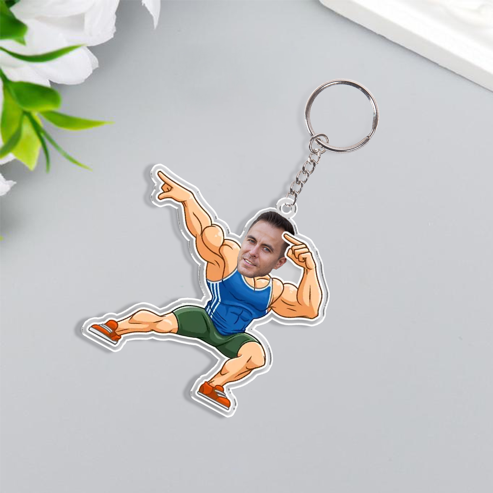 Personalised Photo Acrylic Fitness Boy Shape Keyring, Gift For Him