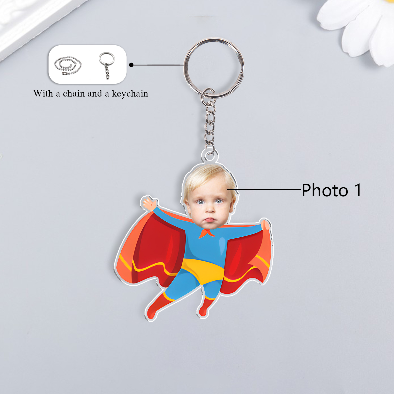 Personalised Custom Photo Acrylic Superman Keyring, Children'S Back To School Gift For Son/Daughter