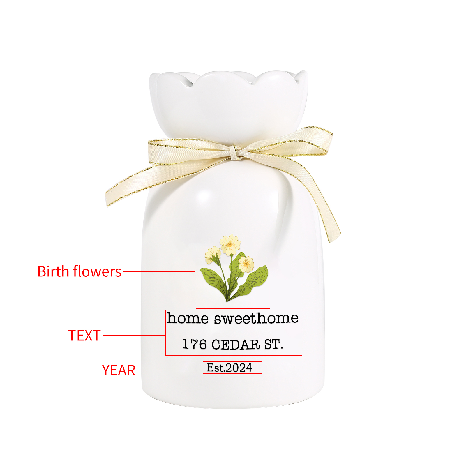 Personalised Ceramic Vase Custom Birthflower & Text & Year Moving Gift for Family/Friend | Jessemade