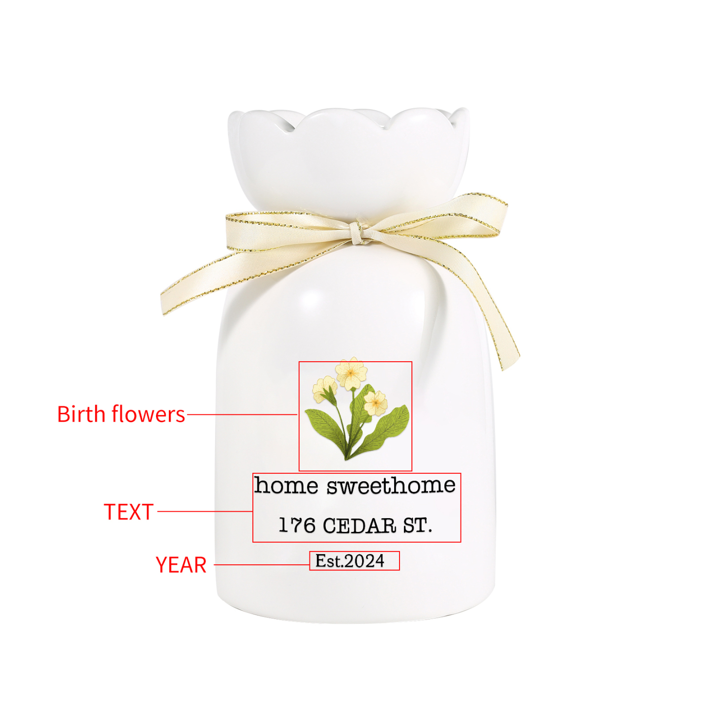 Personalised Ceramic Vase Custom Birthflower & Text & Year Moving Gift for Family/Friend | Jessemade