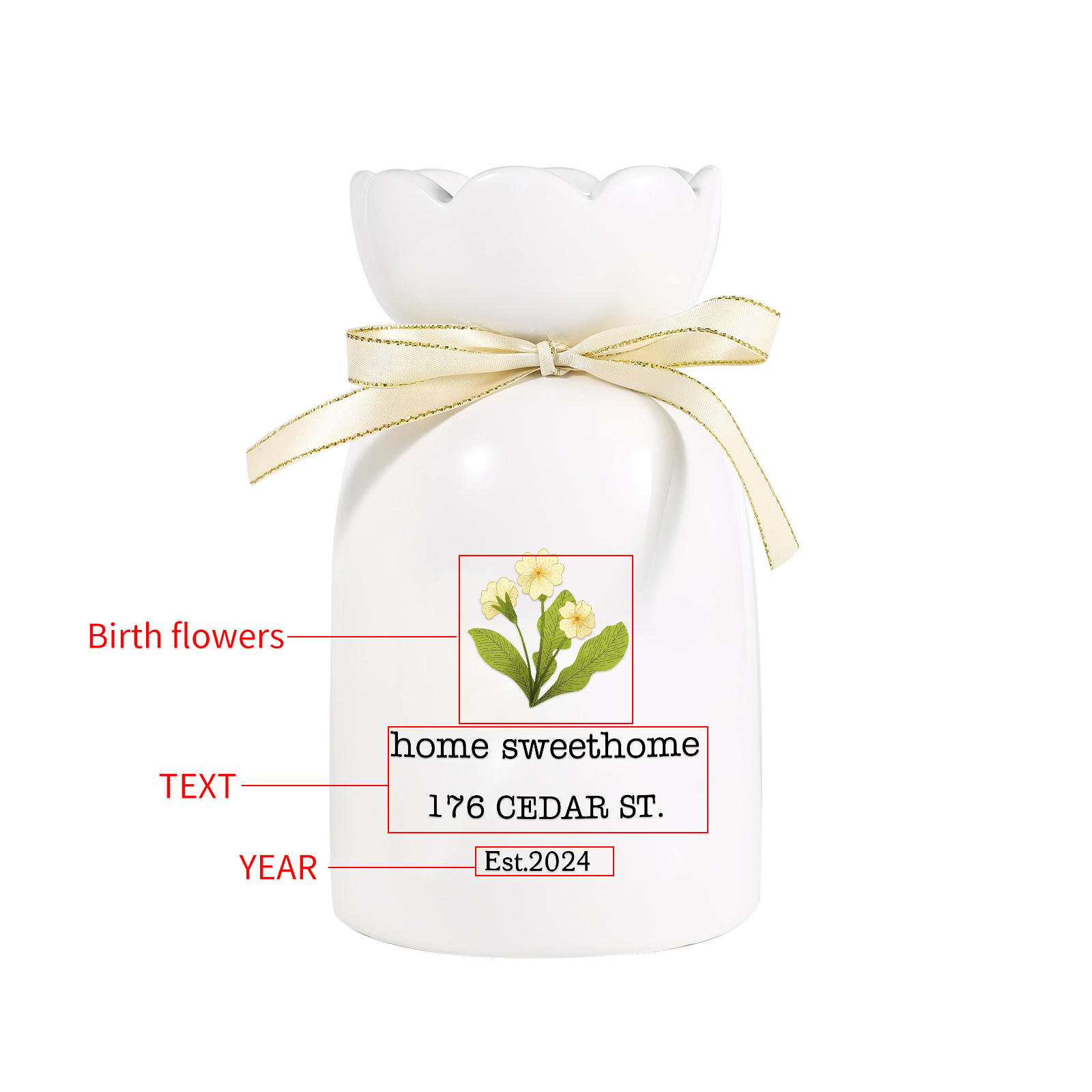 Personalised Ceramic Vase Custom Birthflower & Text & Year Moving Gift for Family/Friend | Jessemade