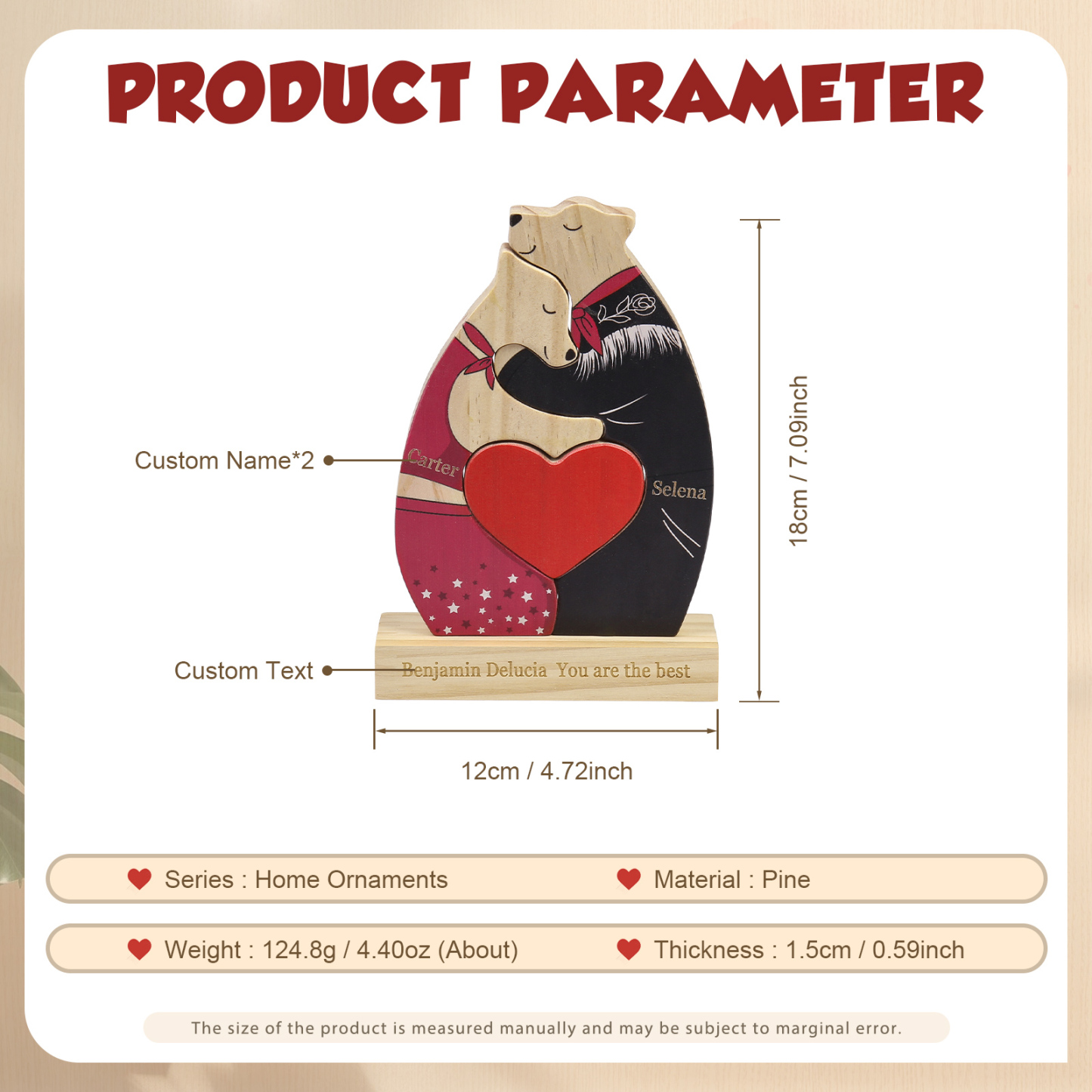 Personalized Wooden Couple Bears Puzzle with 2 Family Name - Custom Family Name Puzzle for Couple