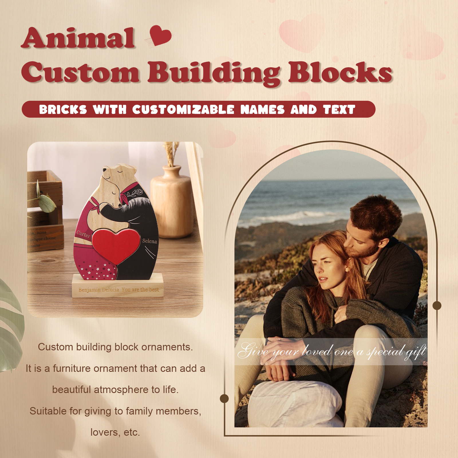 Personalized Wooden Couple Bears Puzzle with 2 Family Name - Custom Family Name Puzzle for Couple