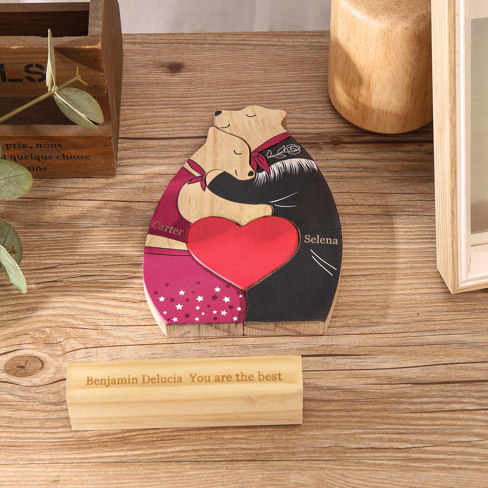 Personalized Wooden Couple Bears Puzzle with 2 Family Name - Custom Family Name Puzzle for Couple