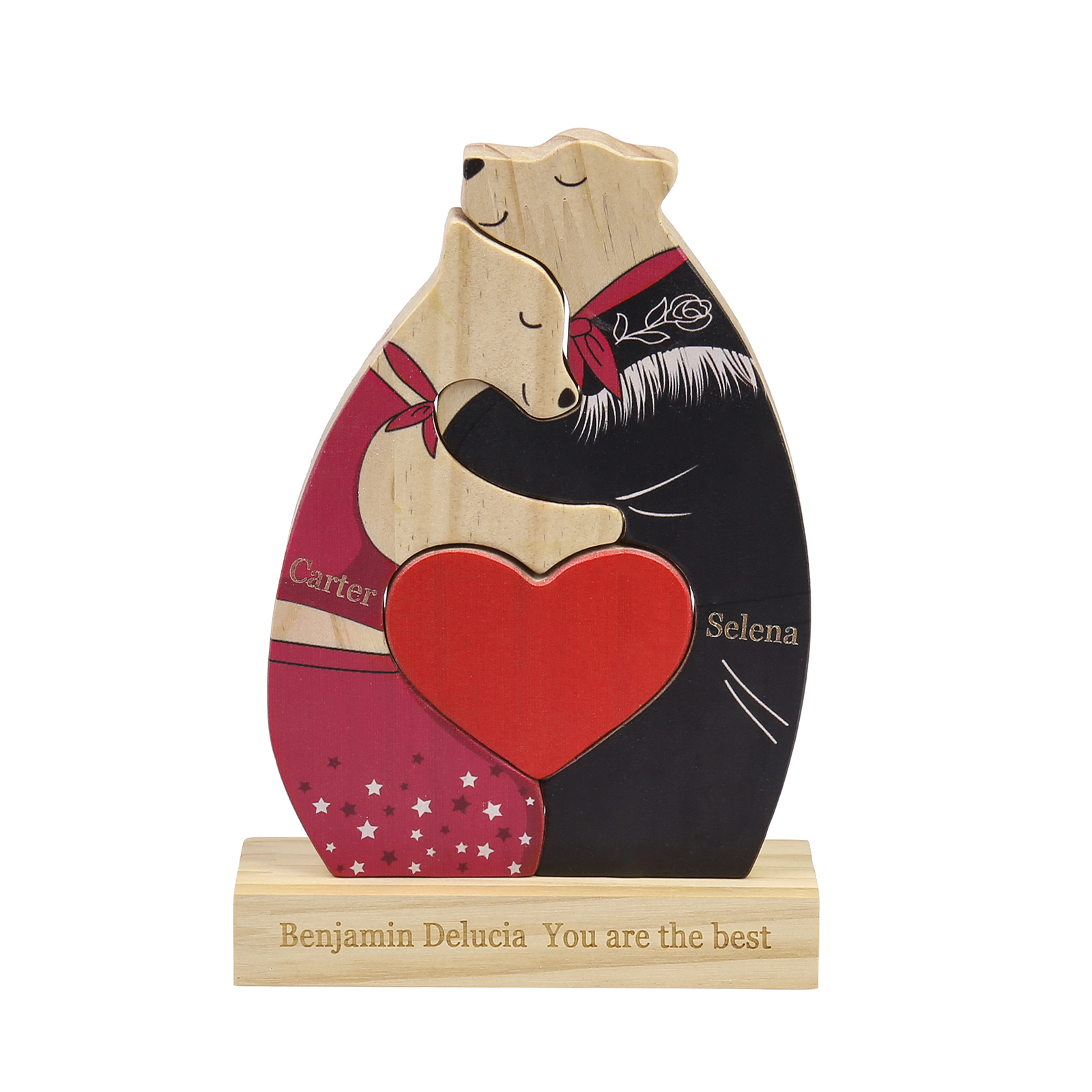 Personalized Wooden Couple Bears Puzzle with 2 Family Name - Custom Family Name Puzzle for Couple