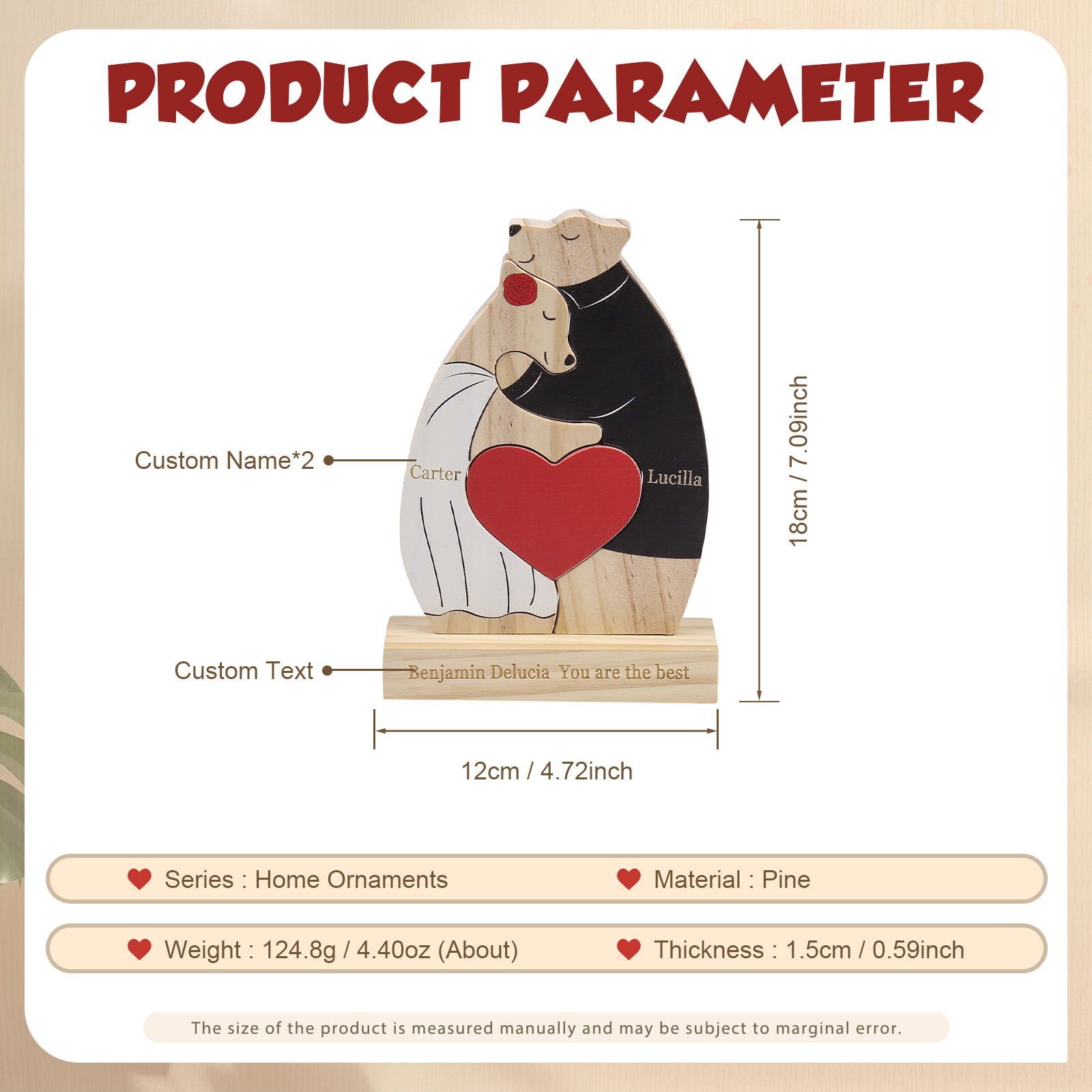 Personalized Wooden Couple Bears Puzzle with 2 Family Name - Custom Family Name Puzzle for Couple