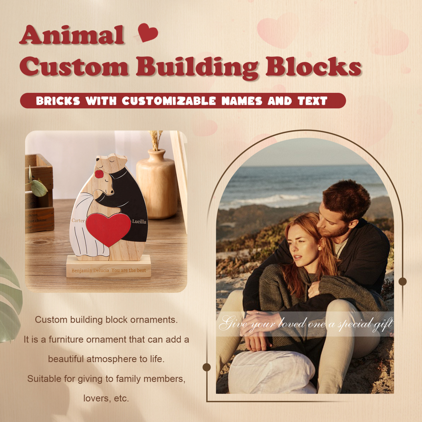 Personalized Wooden Couple Bears Puzzle with 2 Family Name - Custom Family Name Puzzle for Couple