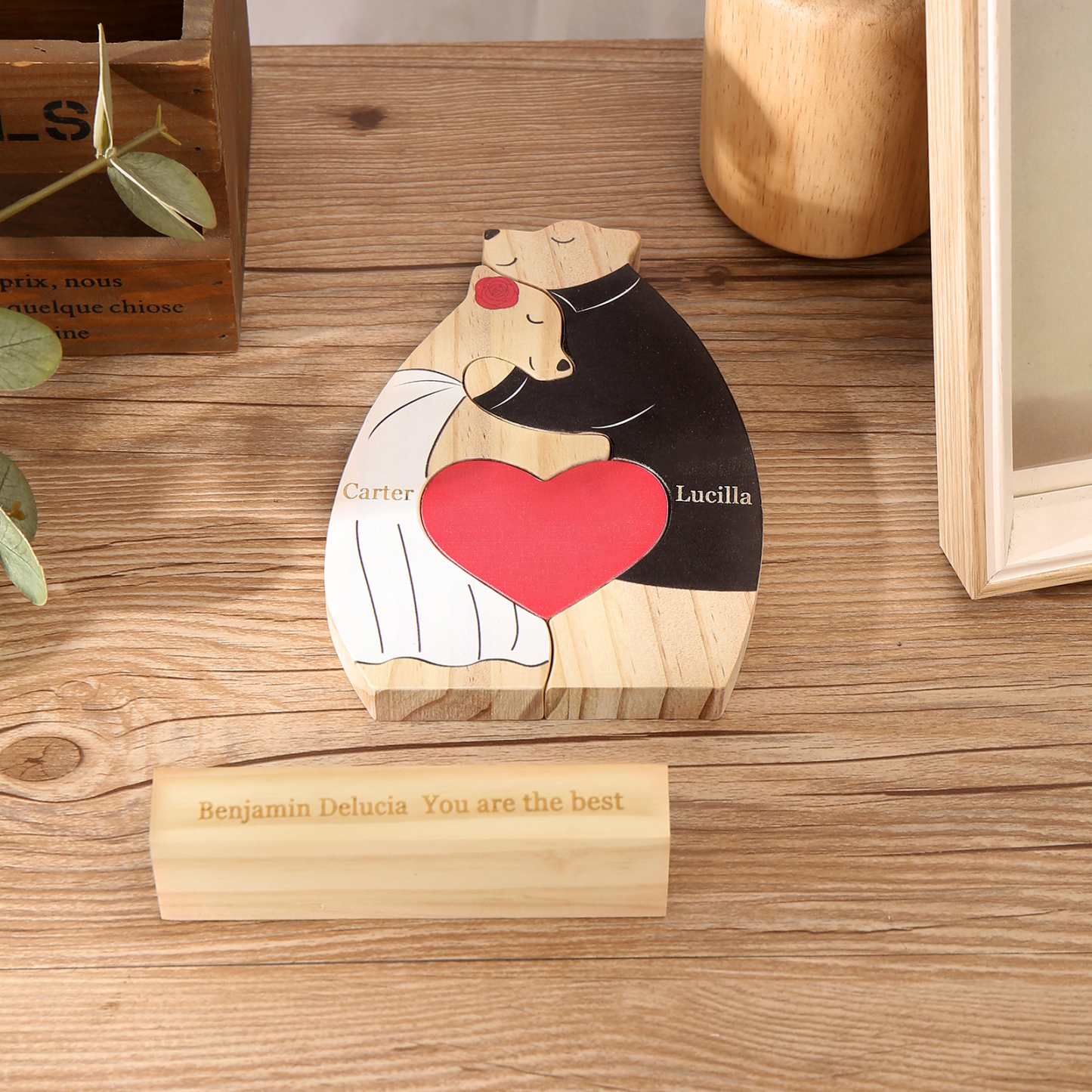 Personalized Wooden Couple Bears Puzzle with 2 Family Name - Custom Family Name Puzzle for Couple