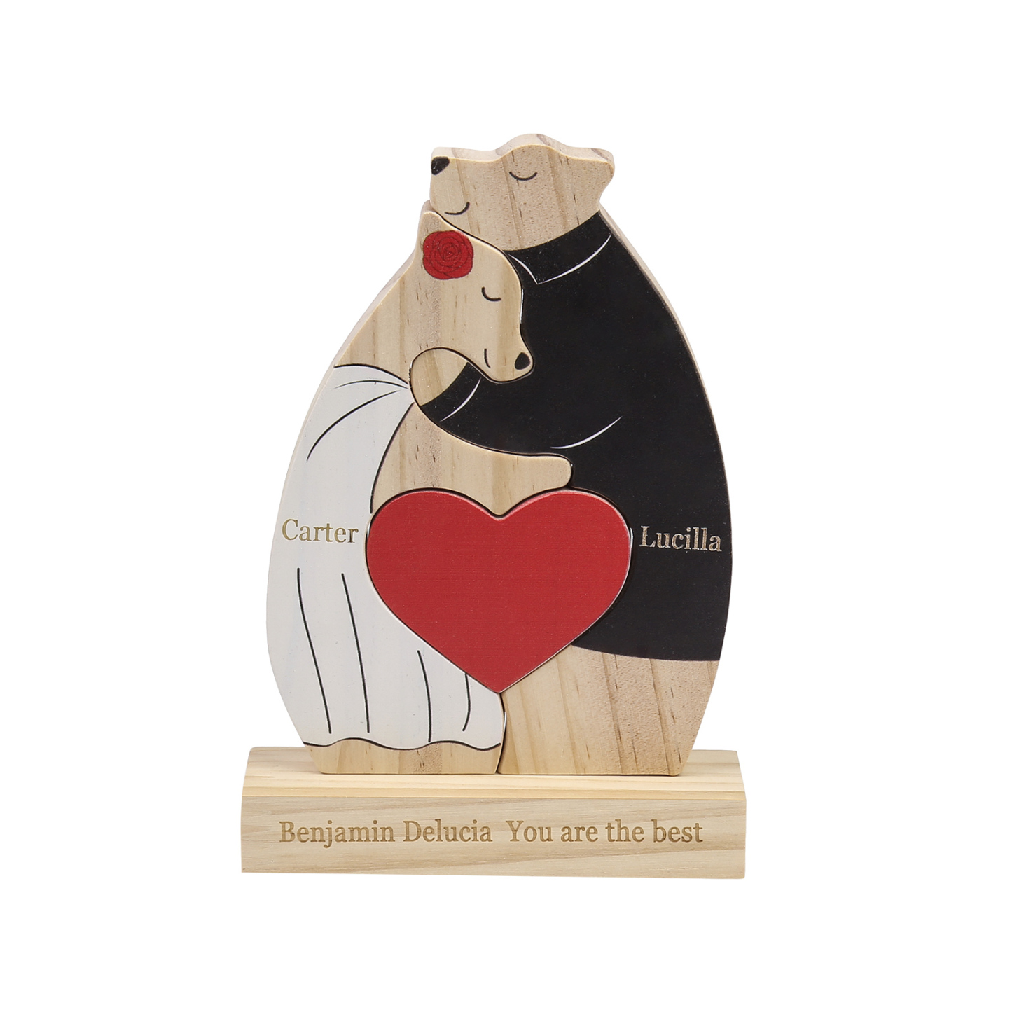 Personalized Wooden Couple Bears Puzzle with 2 Family Name - Custom Family Name Puzzle for Couple