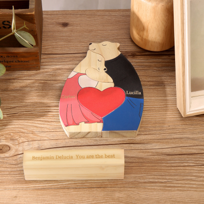 Personalized Wooden Couple Bears Puzzle with 2 Family Name - Custom Family Name Puzzle for Couple