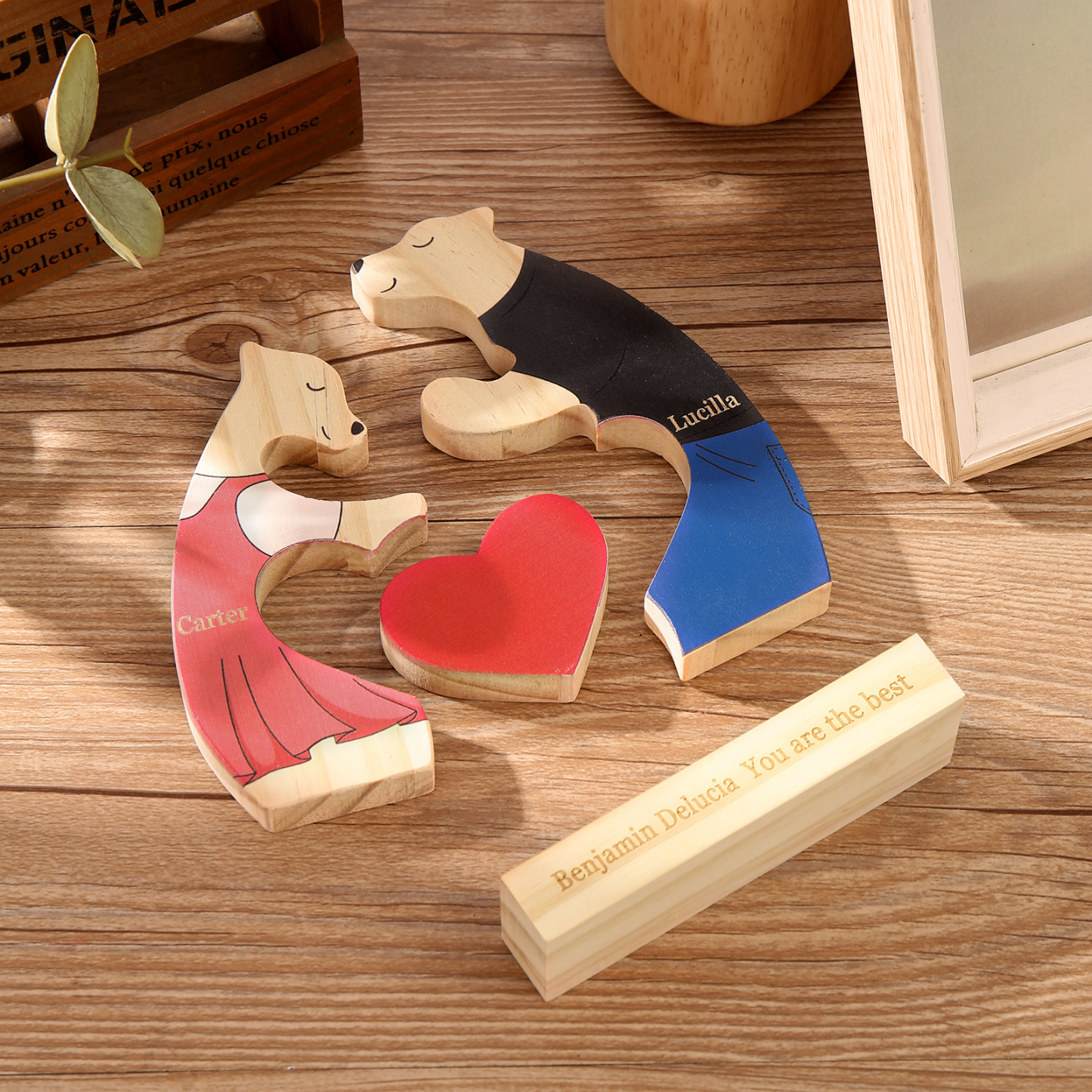 Personalized Wooden Couple Bears Puzzle with 2 Family Name - Custom Family Name Puzzle for Couple