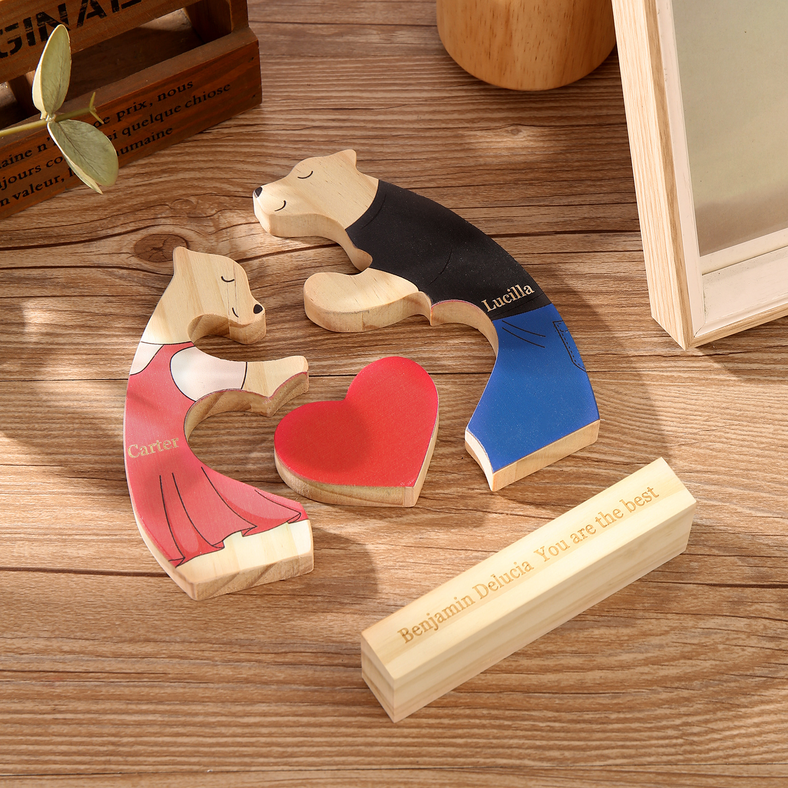 Personalized Wooden Couple Bears Puzzle with 2 Family Name - Custom Family Name Puzzle for Couple